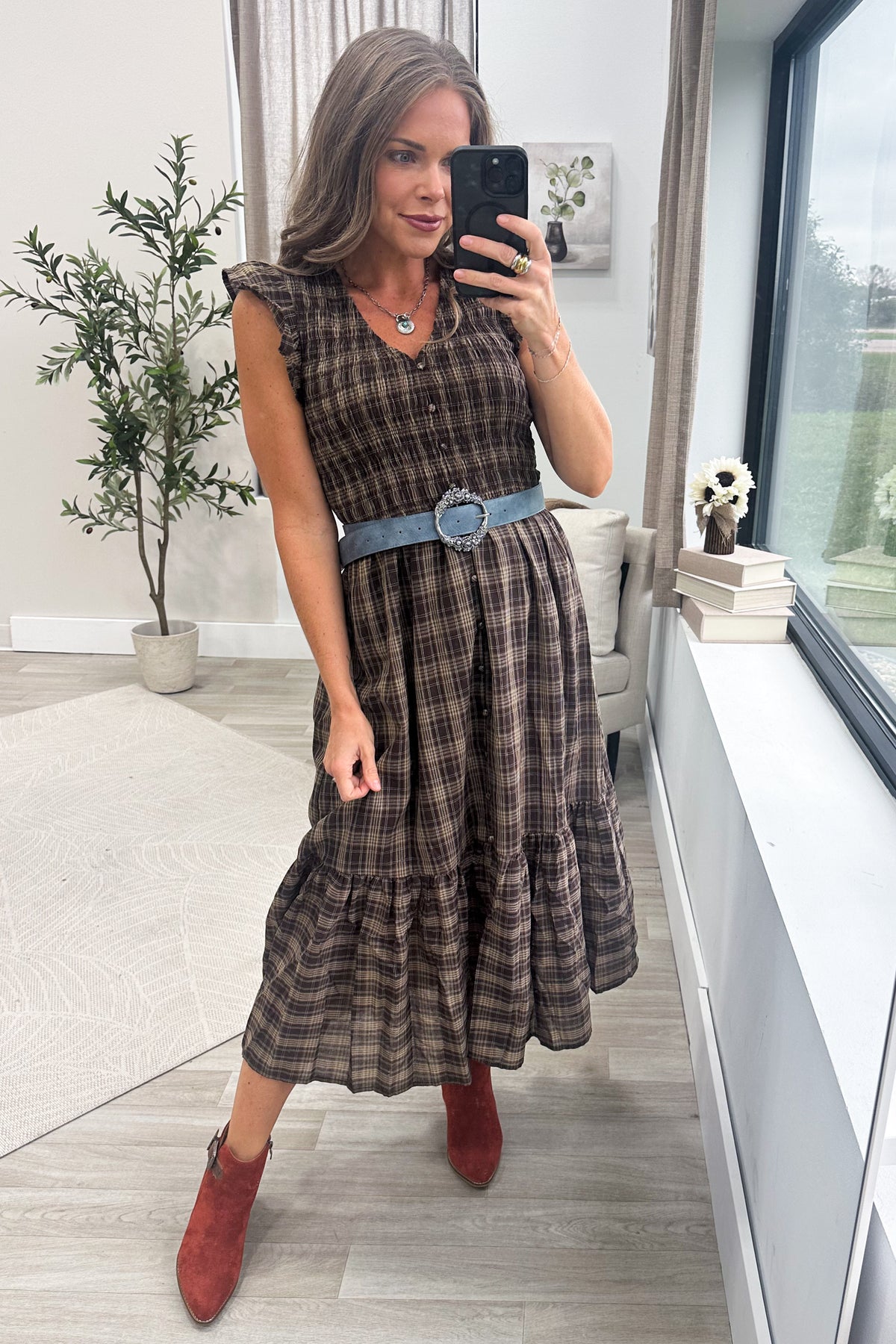 Brown Plaid Smocked V-Neck Button Midi Dress