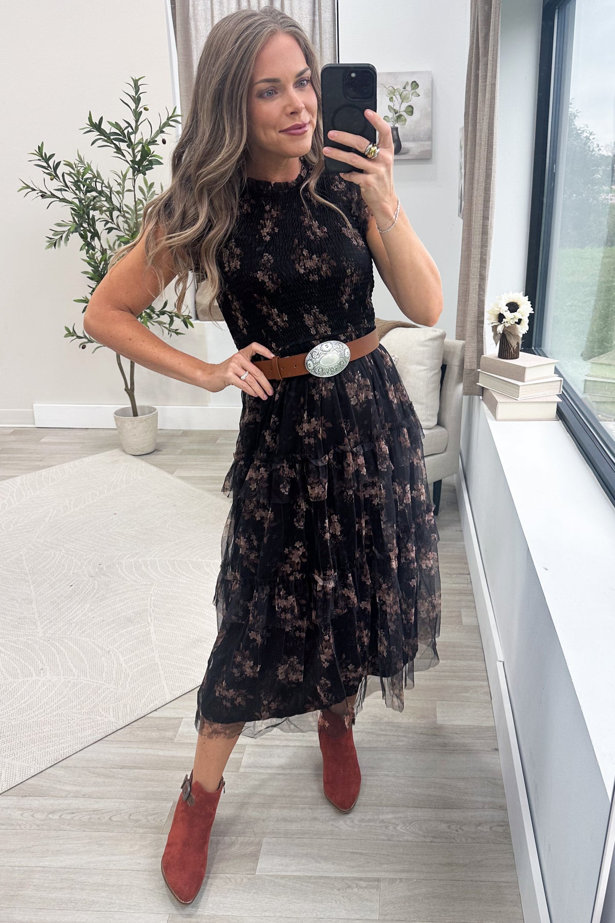 Black Smocked Ruffle Tiered Floral Midi Dress