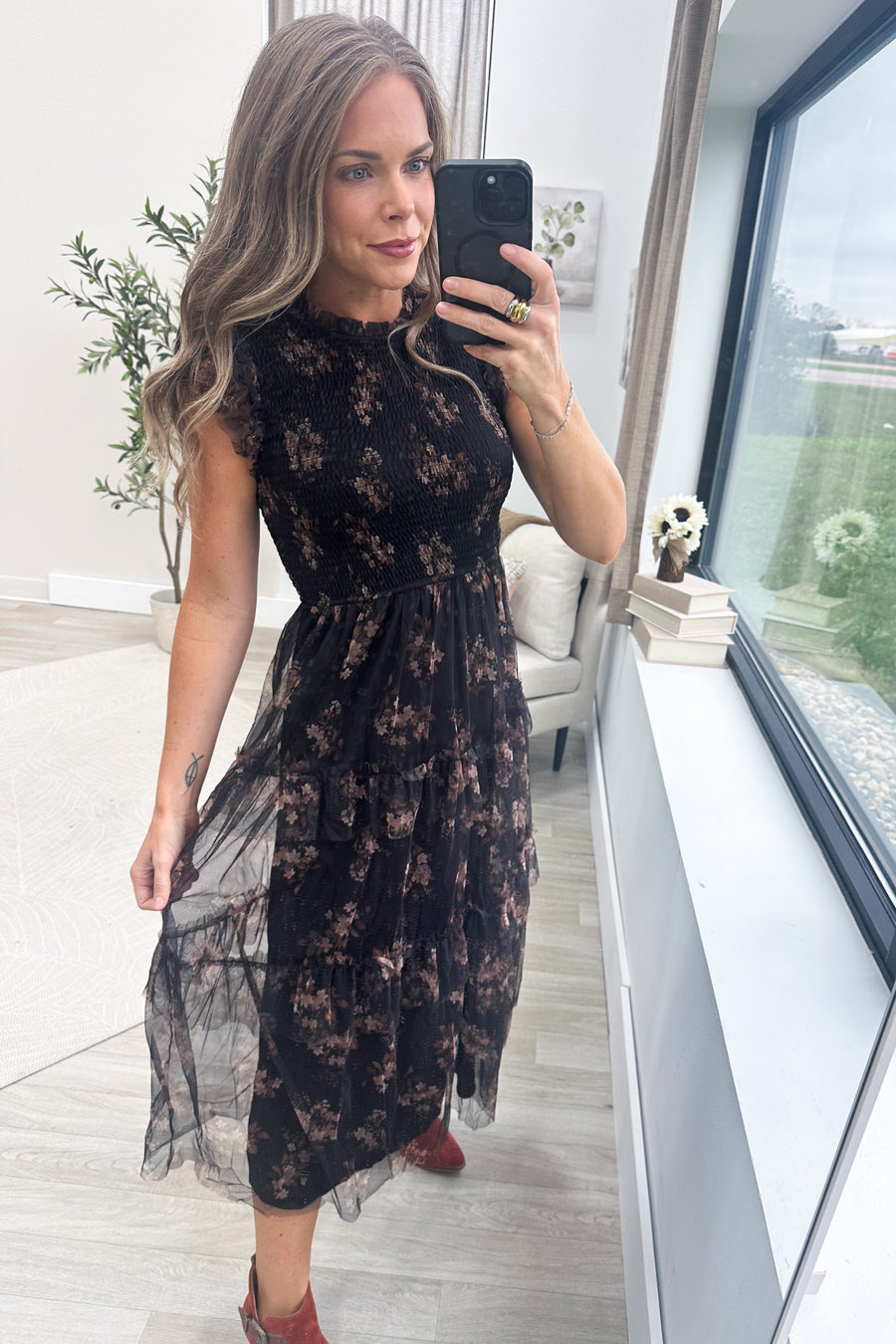 Black Smocked Ruffle Tiered Floral Midi Dress