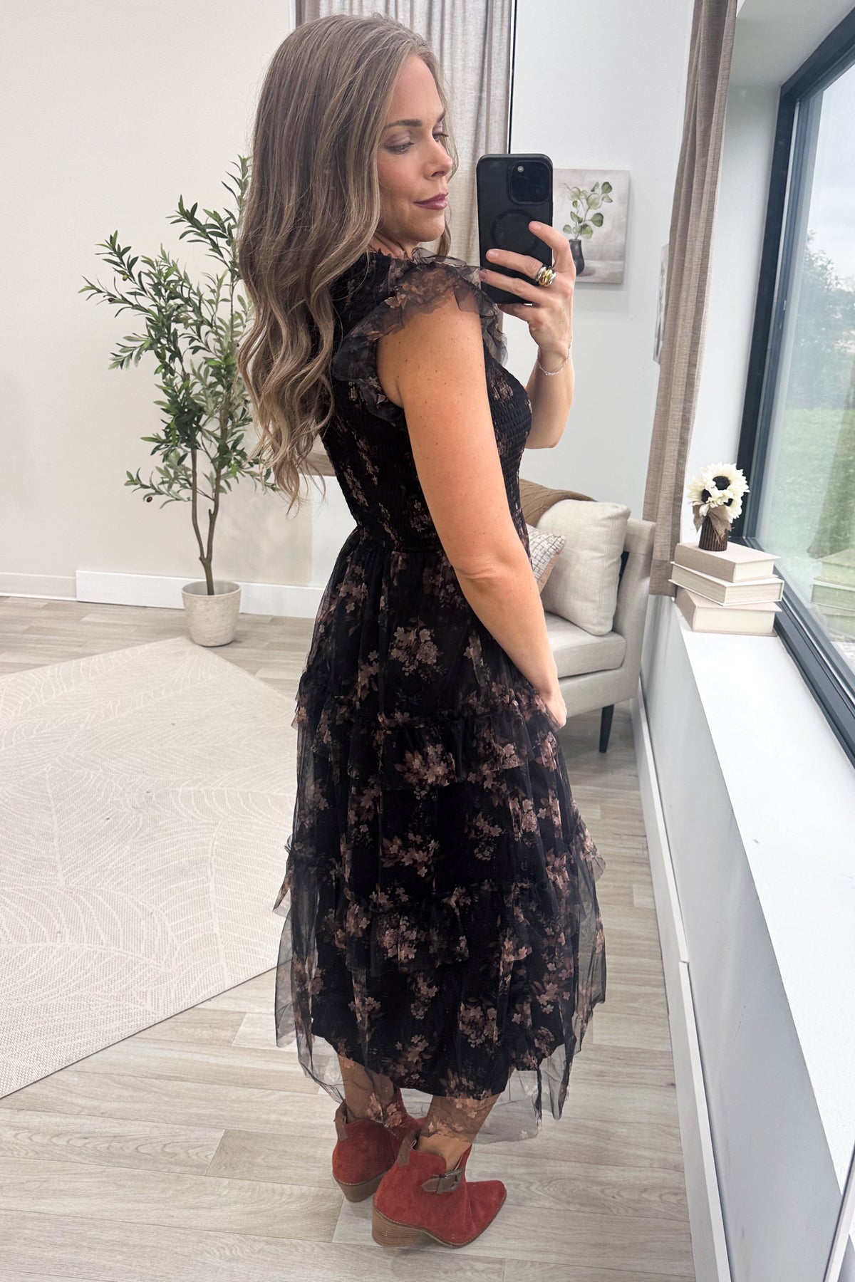 Black Smocked Ruffle Tiered Floral Midi Dress