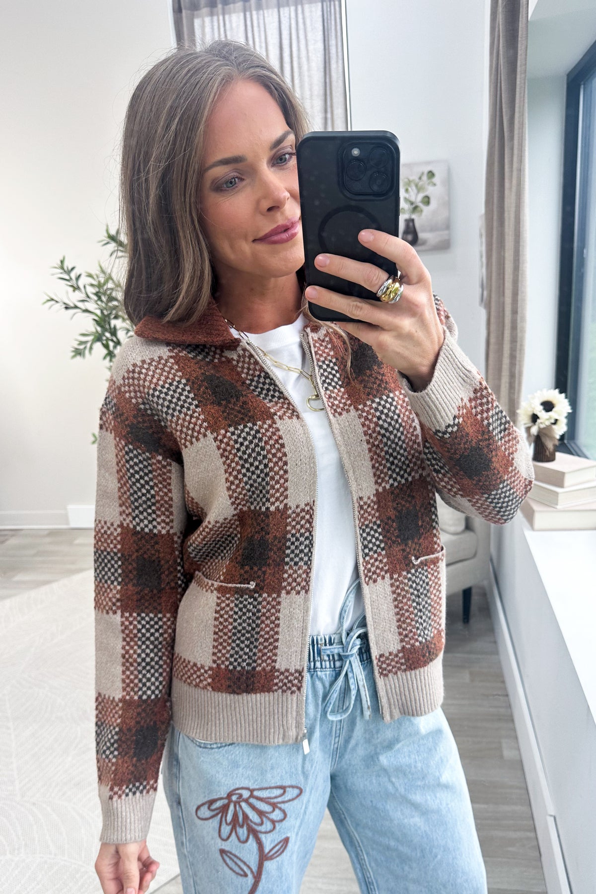 Staccato Taupe Plaid Sweater Full Zip Jacket