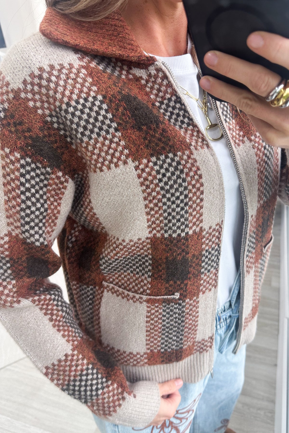 Staccato Taupe Plaid Sweater Full Zip Jacket