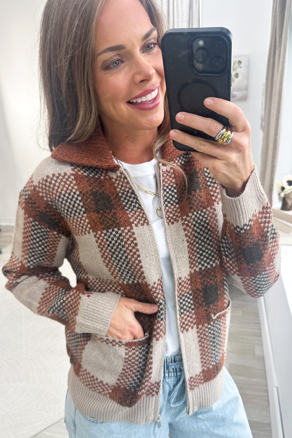 Staccato Taupe Plaid Sweater Full Zip Jacket