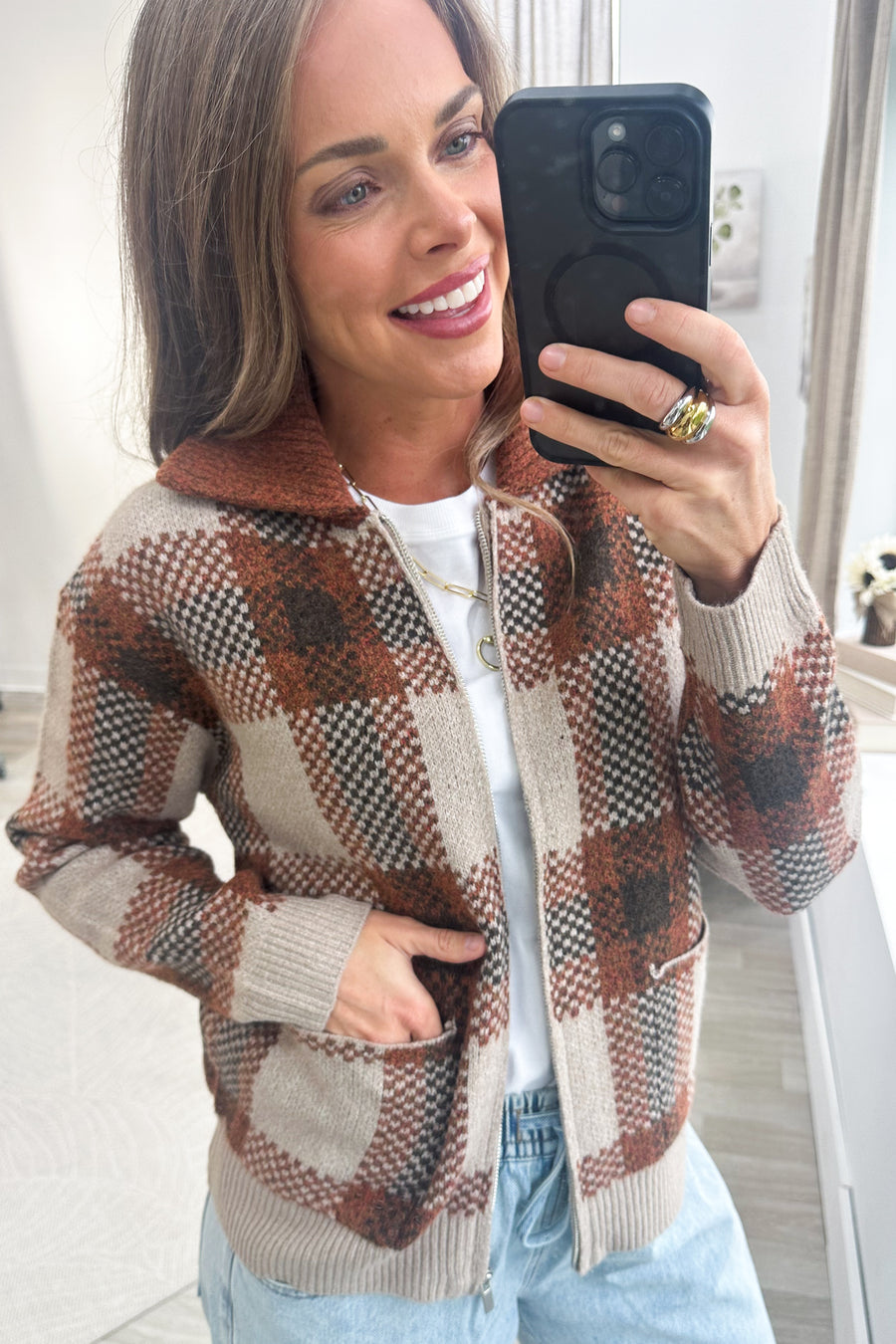 Staccato Taupe Plaid Sweater Full Zip Jacket