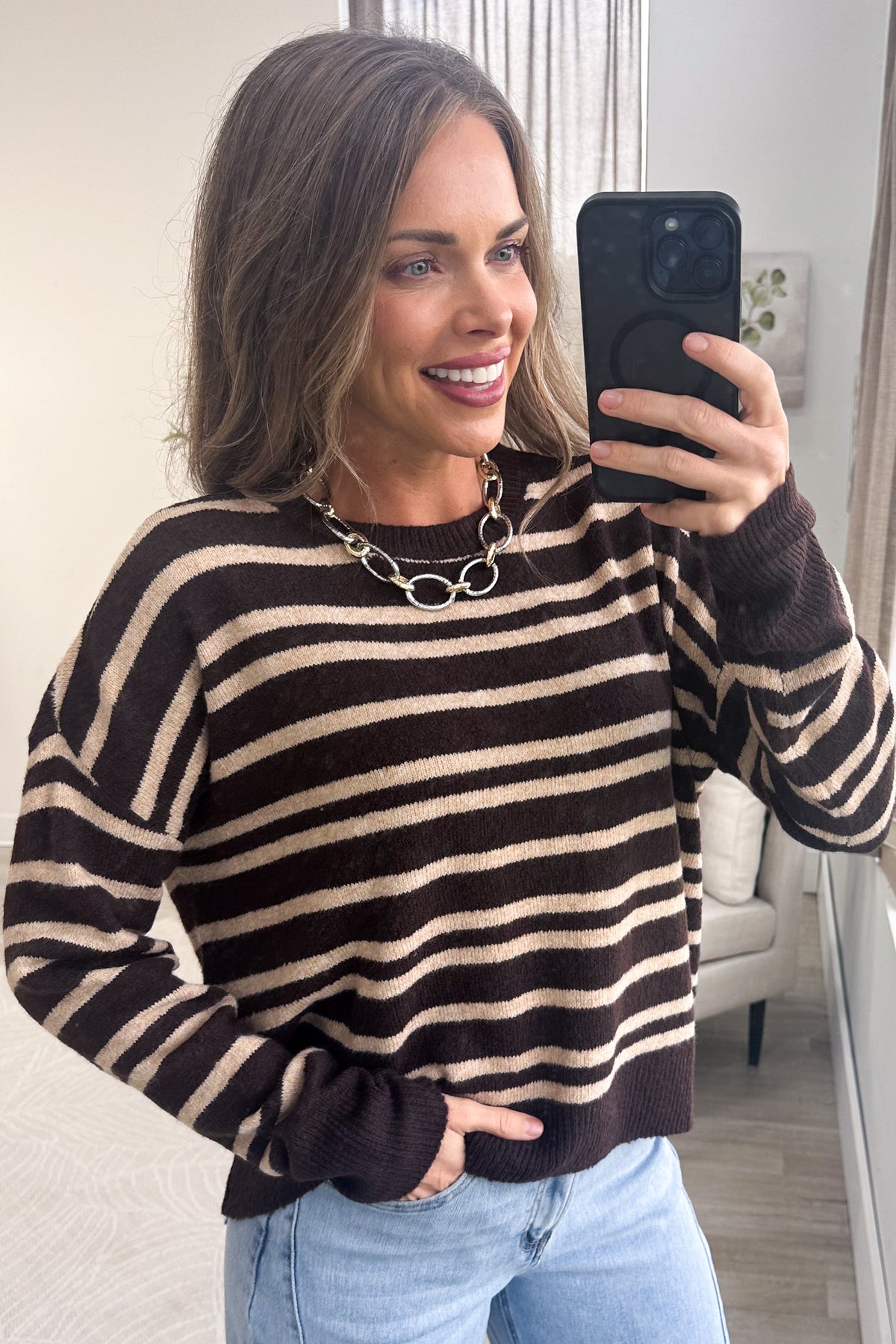 Brown Striped Crewneck Sweater