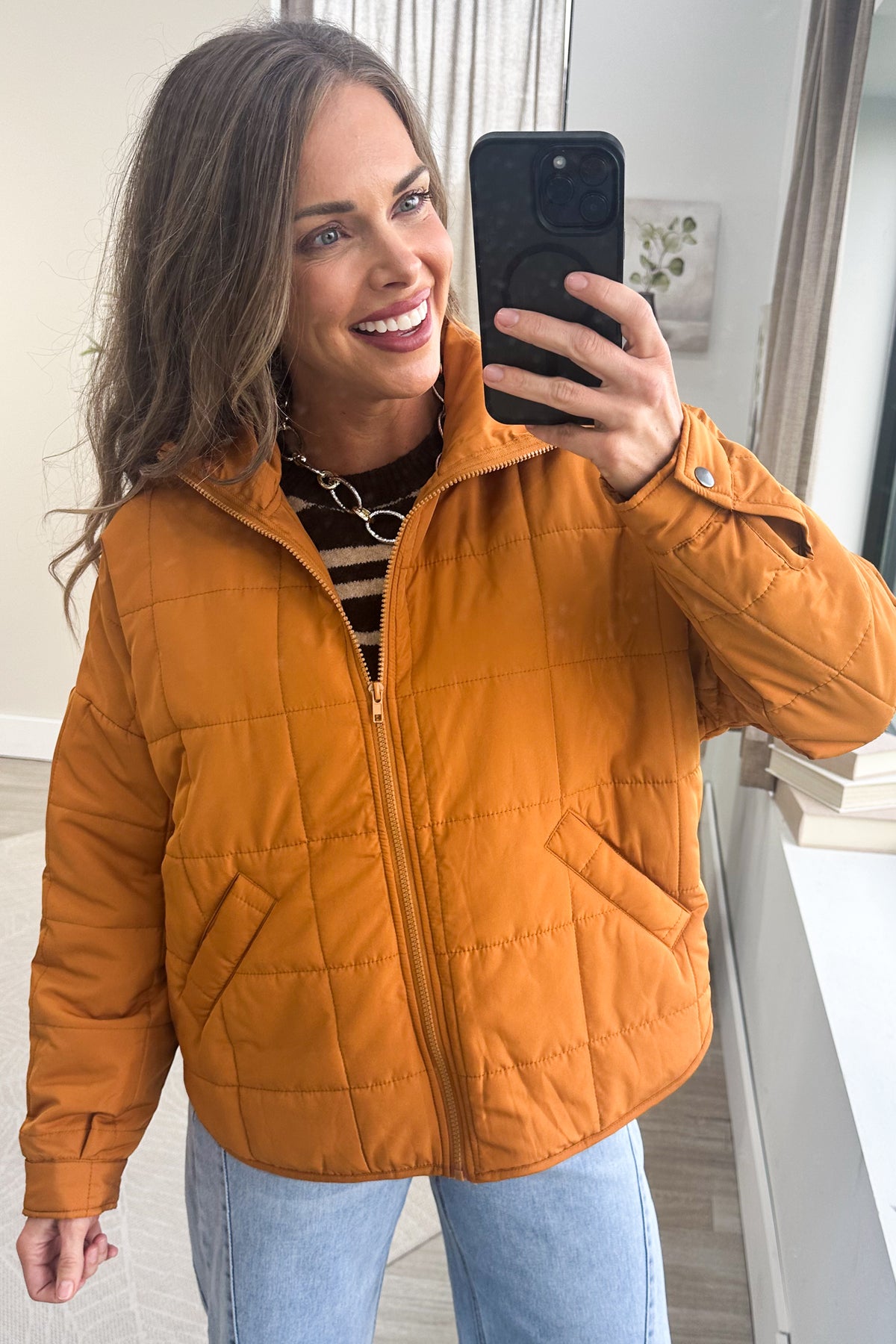 Butterscotch High Neck Zipper Quilt Jacket