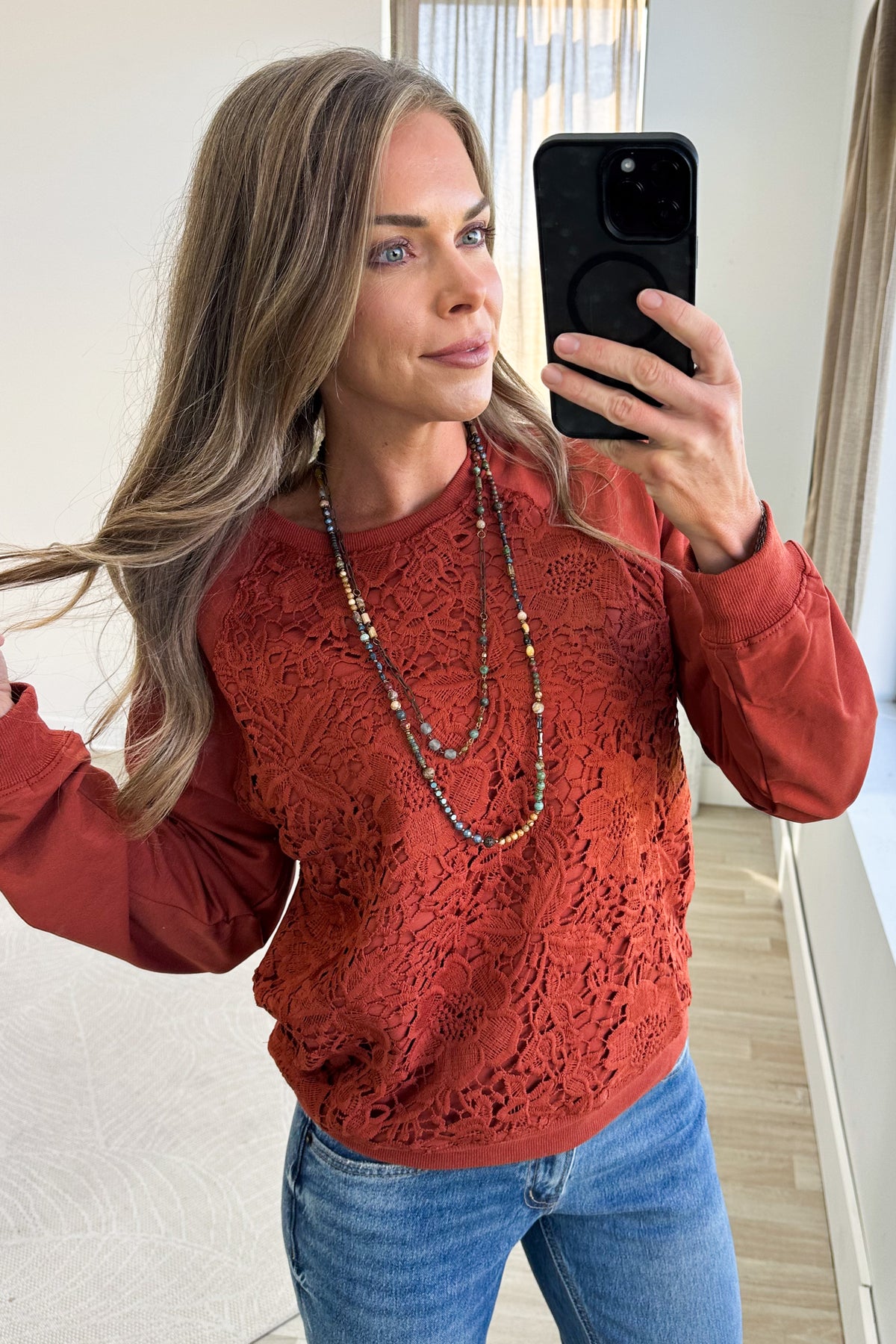 Rust French Terry Flower Patch Pullover Top