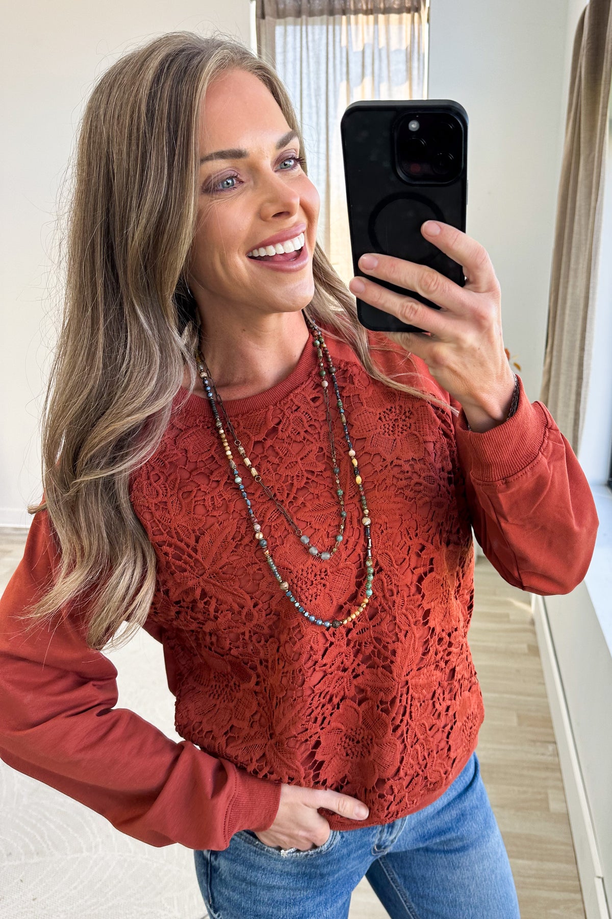 Rust French Terry Flower Patch Pullover Top