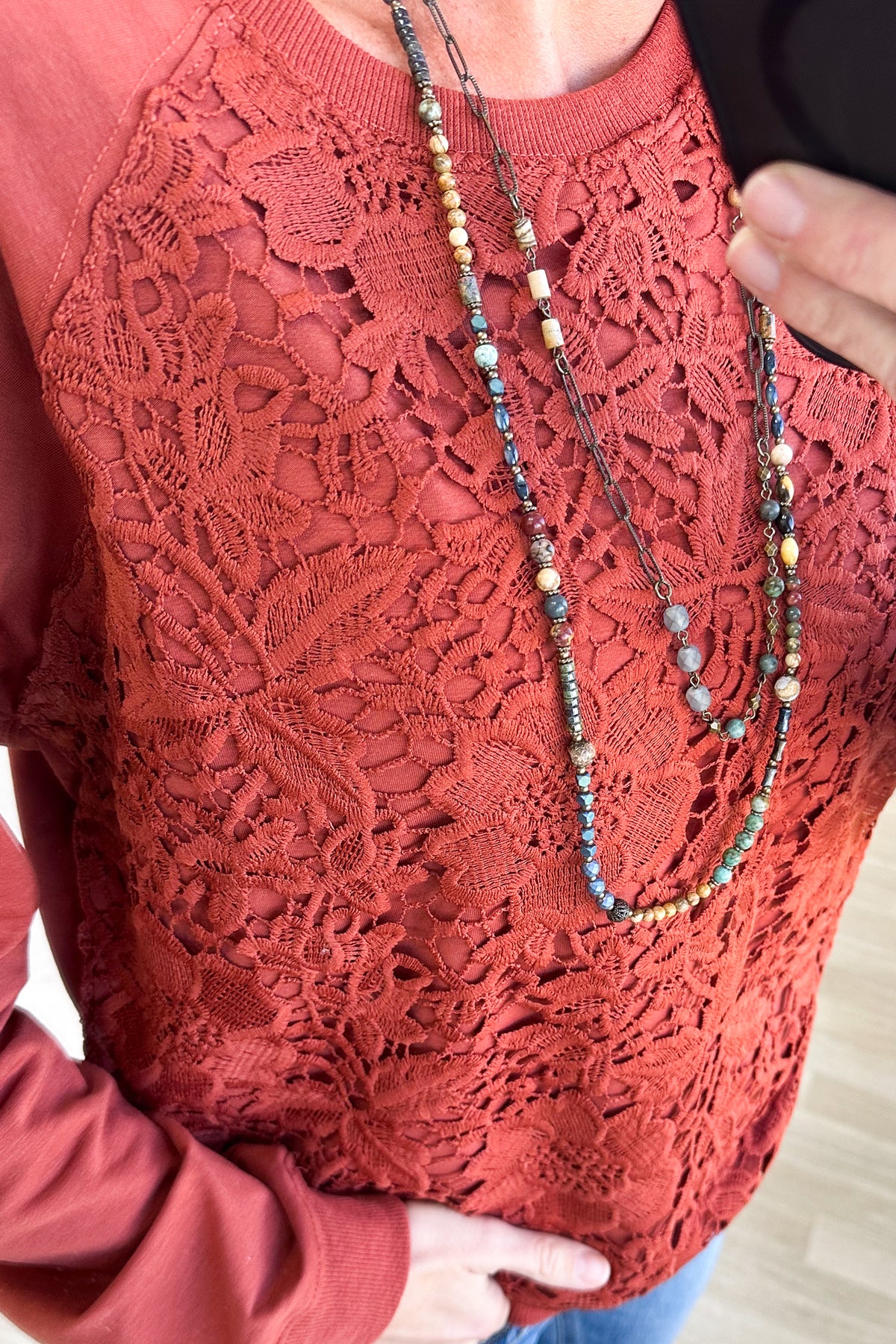 Rust French Terry Flower Patch Pullover Top