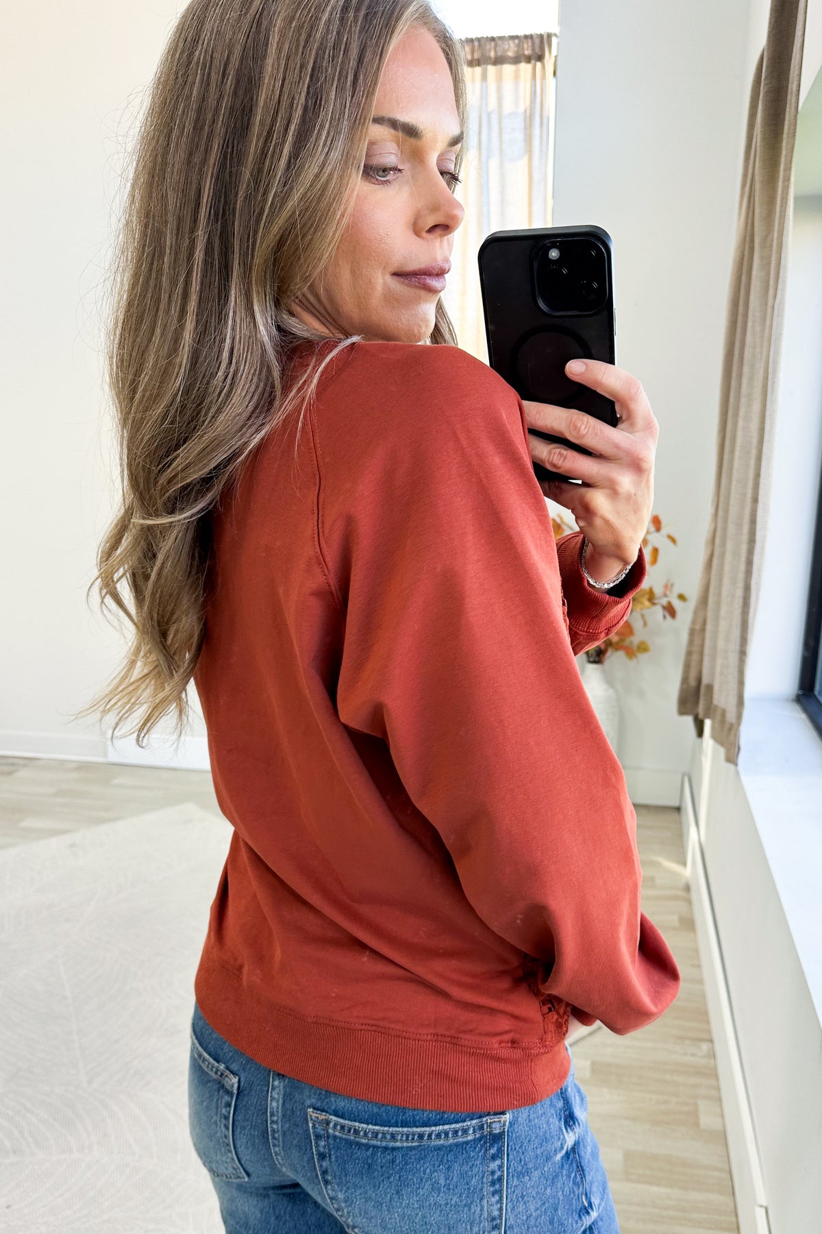 Rust French Terry Flower Patch Pullover Top