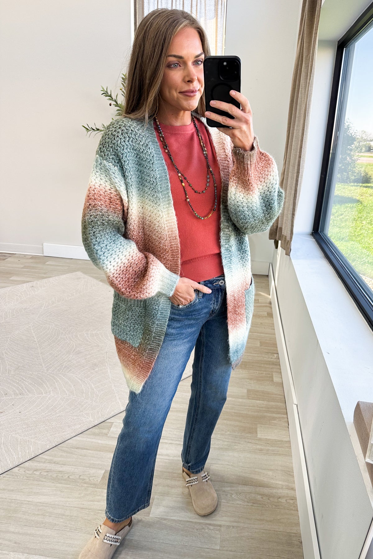 Rust Ombre Open Front Cardigan With Pockets