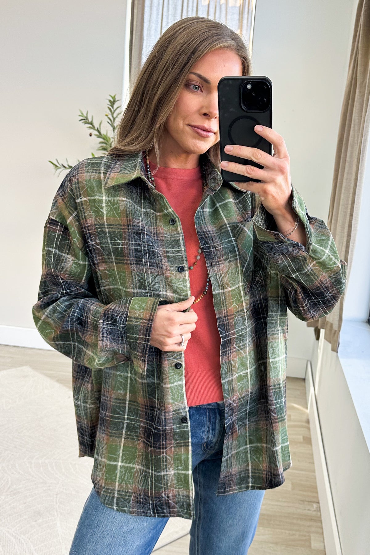 Plaid Mineral Wash Long Sleeves Button Down Top