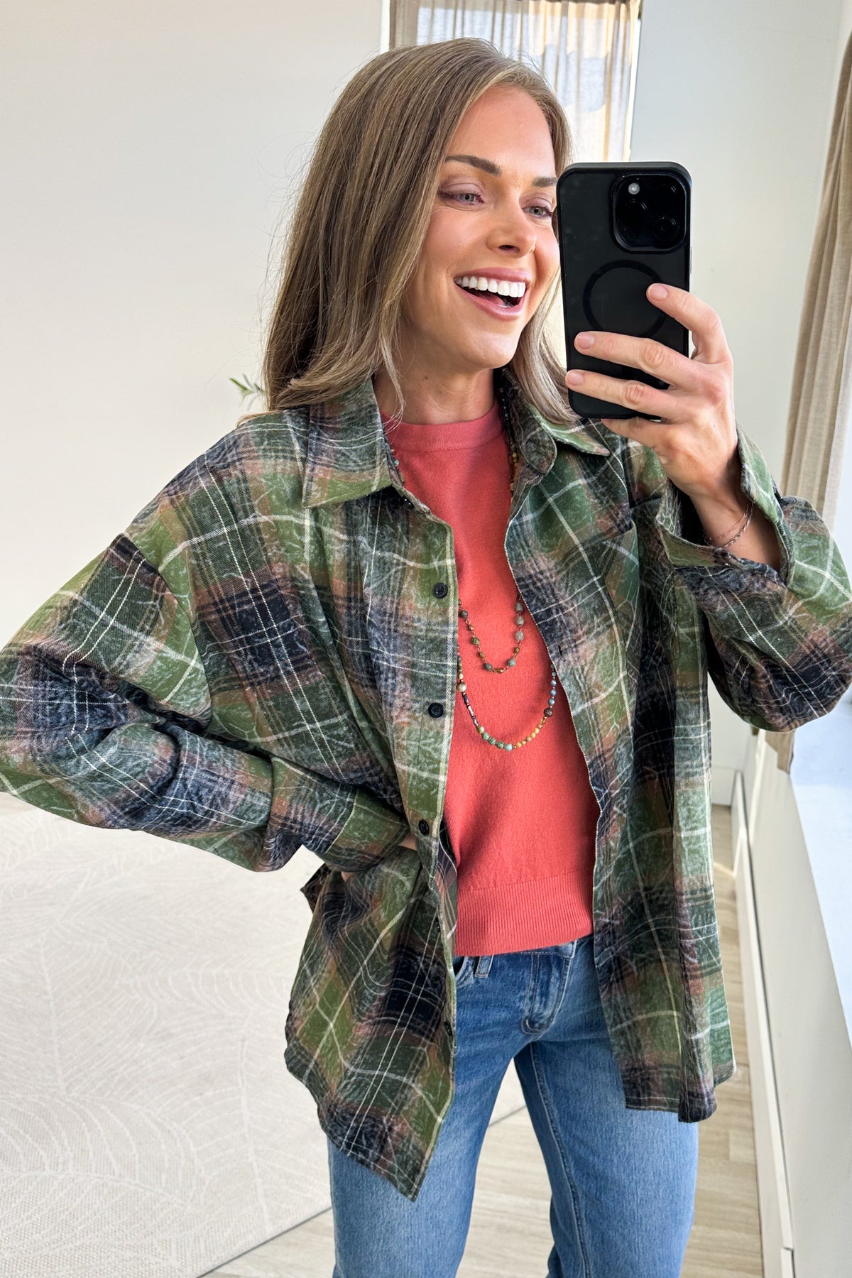 Plaid Mineral Wash Long Sleeves Button Down Top