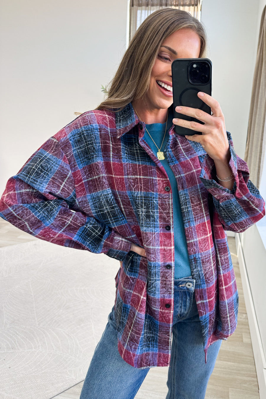 Plaid Mineral Wash Long Sleeves Button Down Top