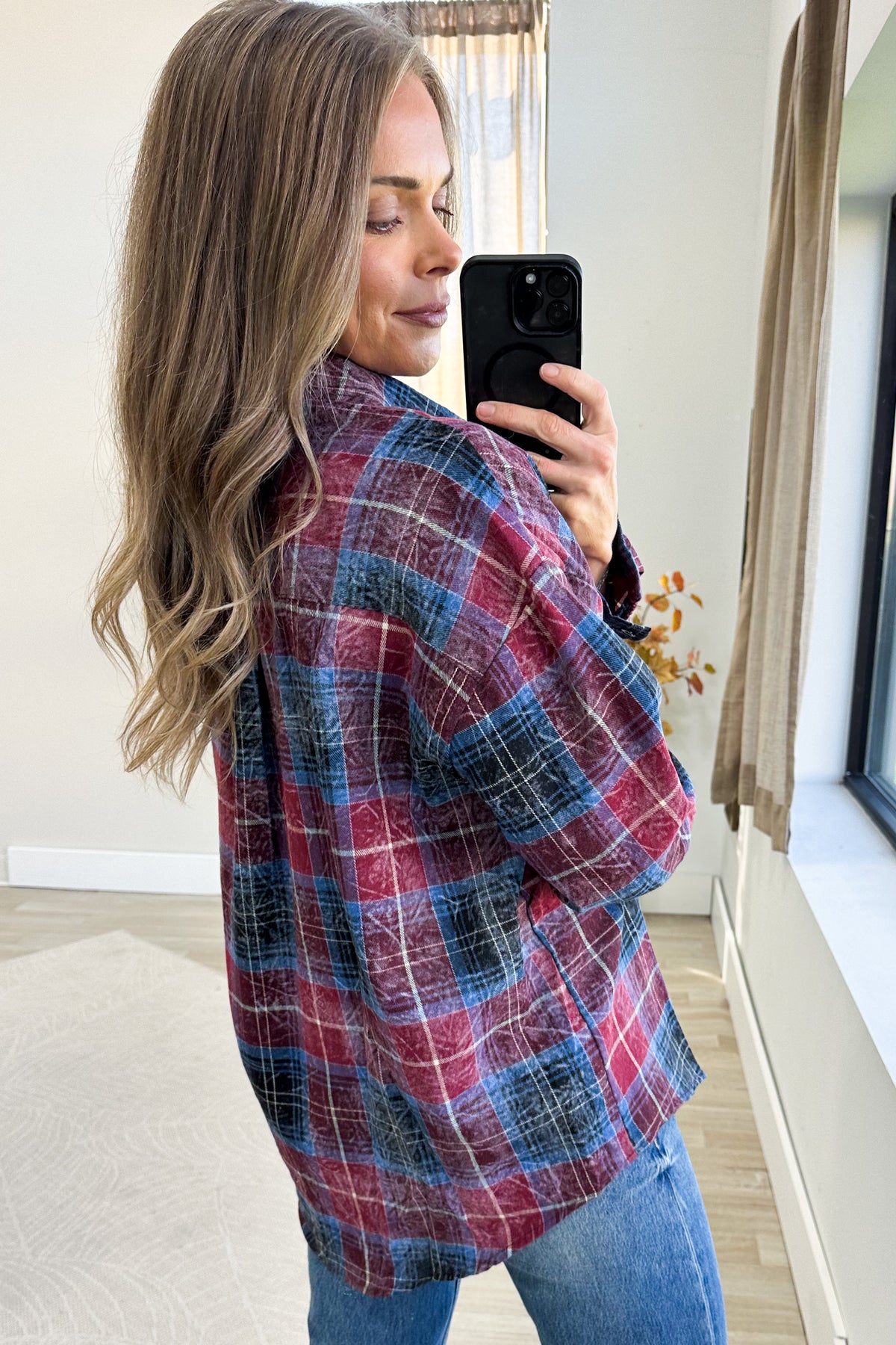Plaid Mineral Wash Long Sleeves Button Down Top