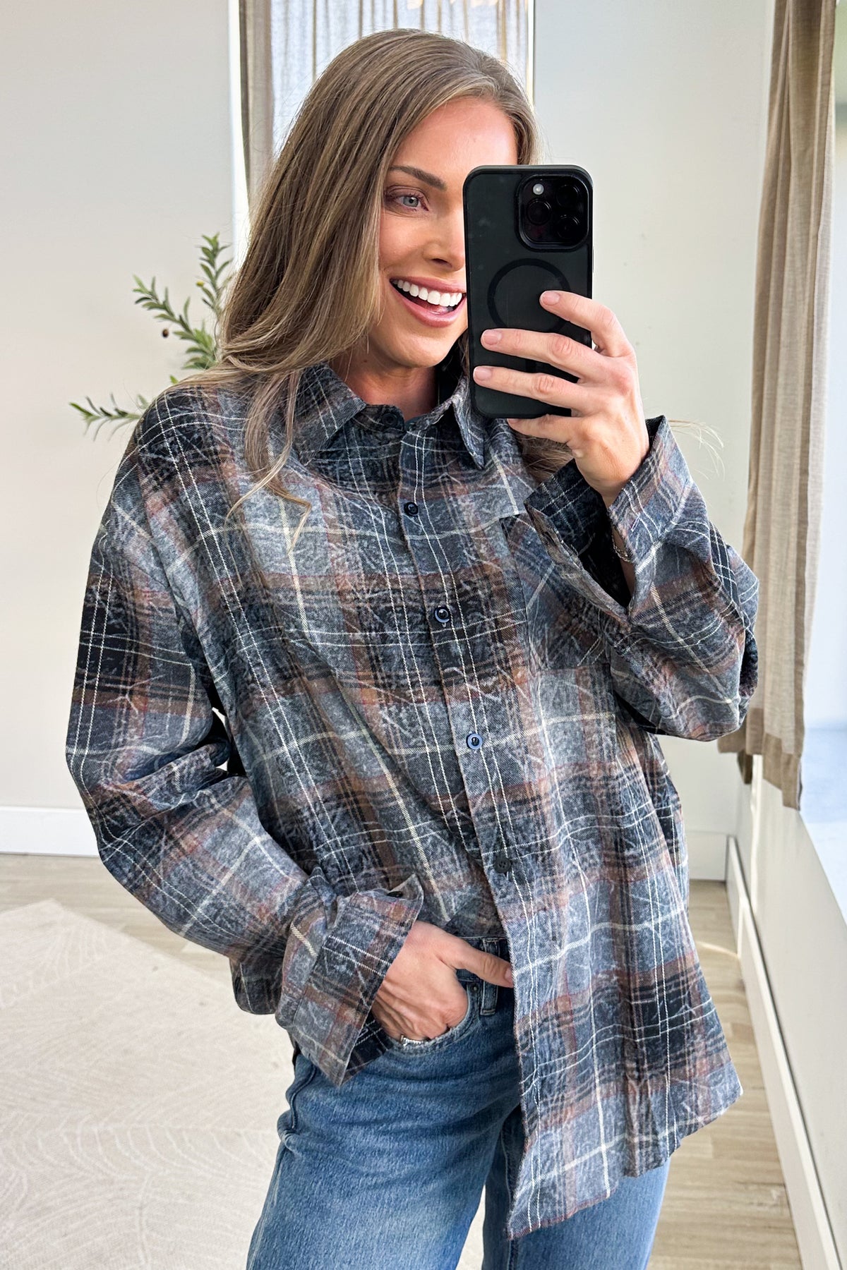 Plaid Mineral Wash Long Sleeves Button Down Top
