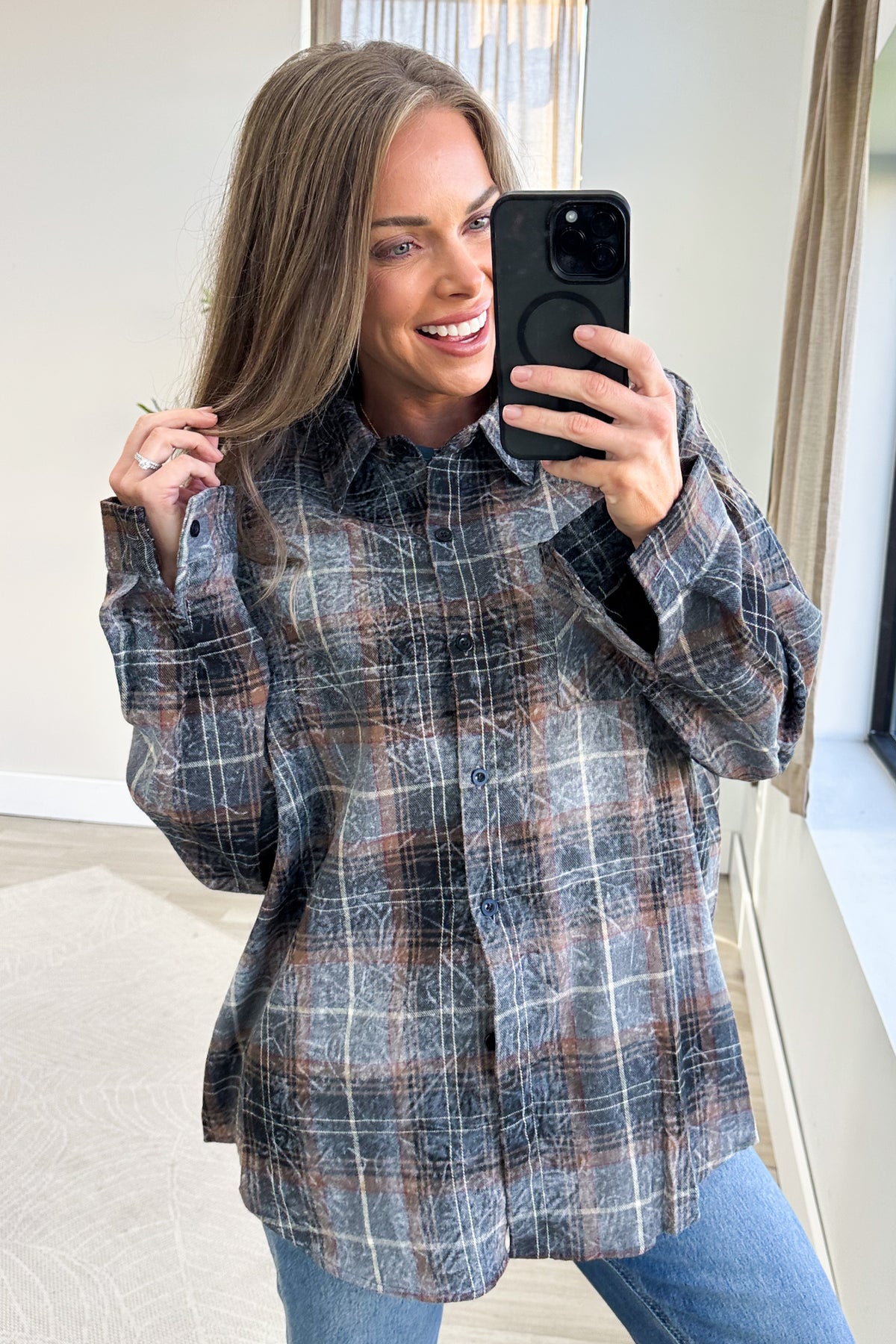 Plaid Mineral Wash Long Sleeves Button Down Top