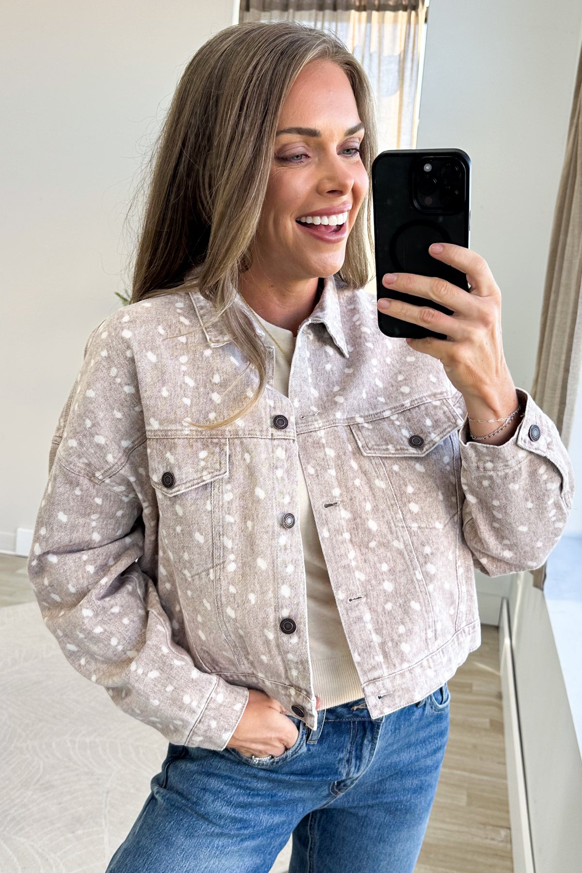 Mocha Washed Fawn Print High Low Denim Jacket