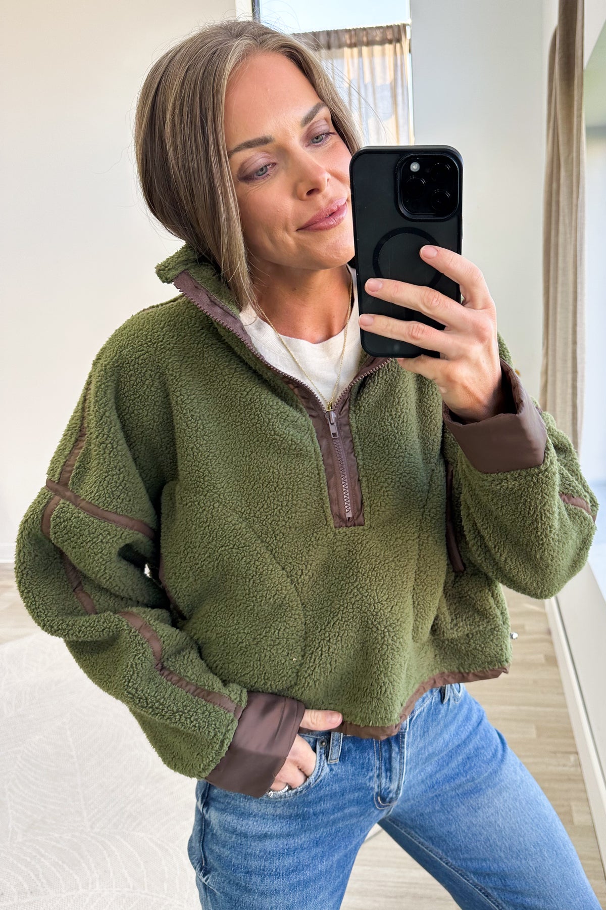 Olive Sherpa Quarter Zip With Mocha Contrast