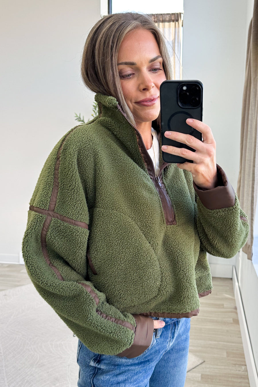 Olive Sherpa Quarter Zip With Mocha Contrast