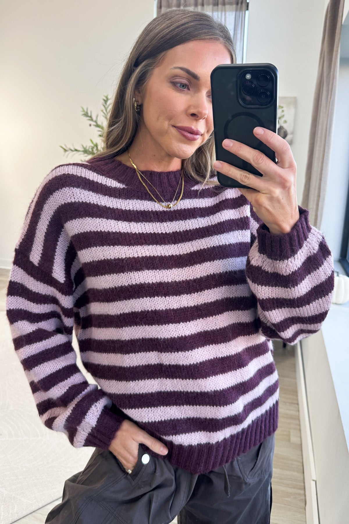 Ribbed Mock Neck Striped Knit Sweater