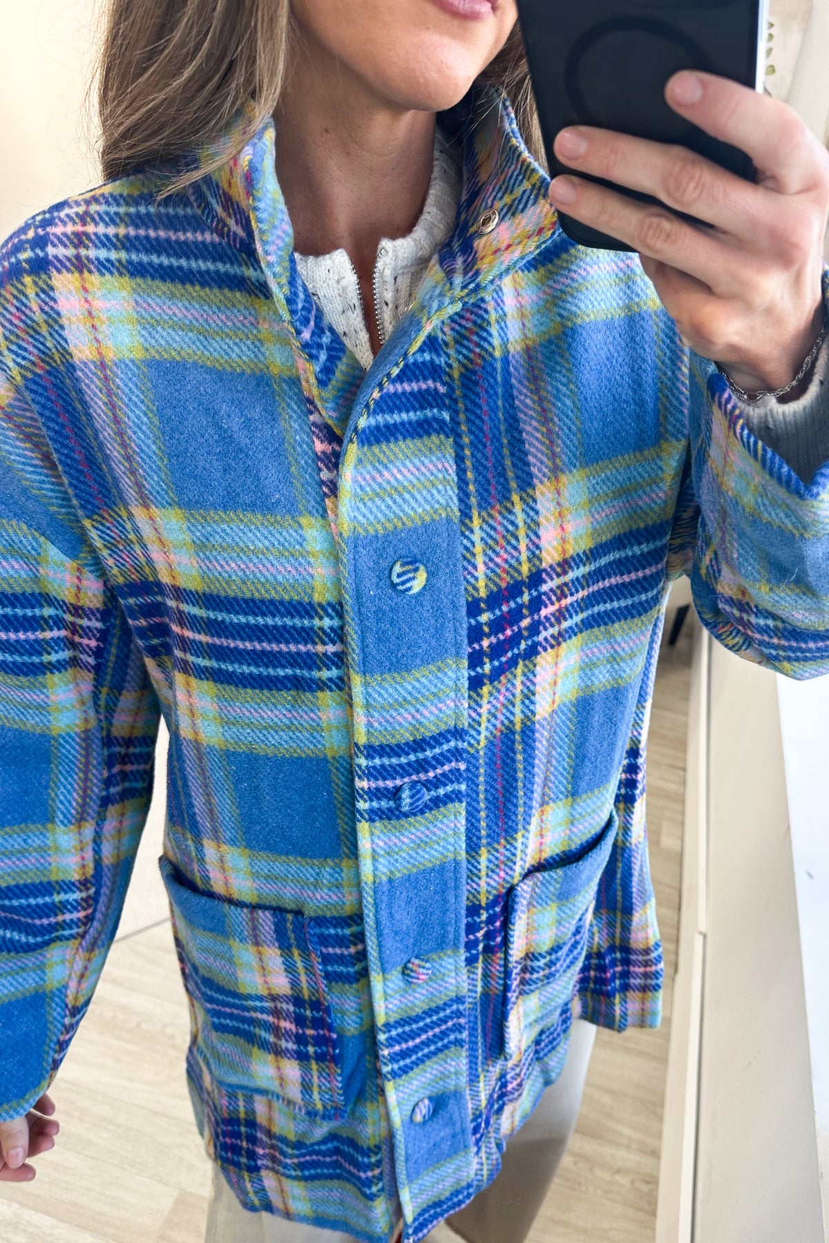 Blue Multicolor Plaid Mid-Length Jacket