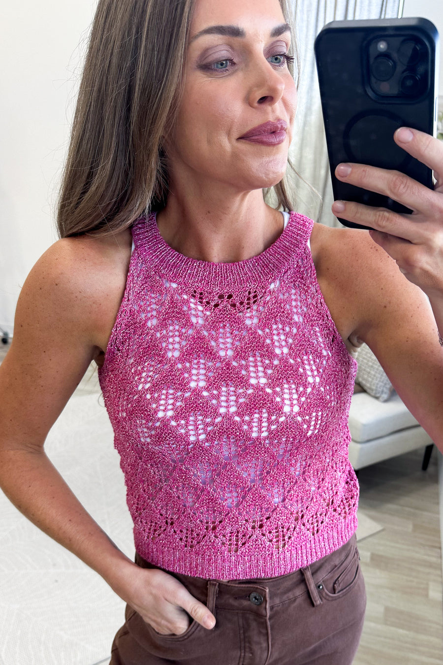Hot Pink Crochet Knit Tank Top
