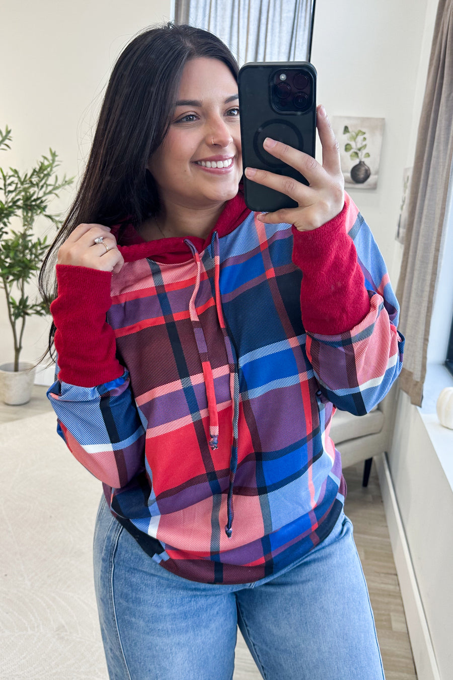 Plaid Dolman Knit Hoodie Top With Thumbholes