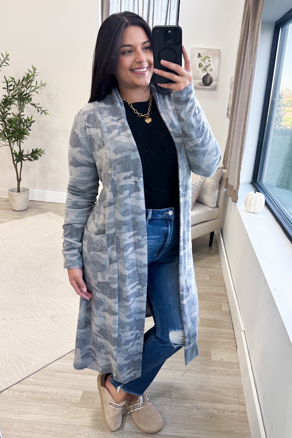 Grey Camo Print Tie Belt Cardigan