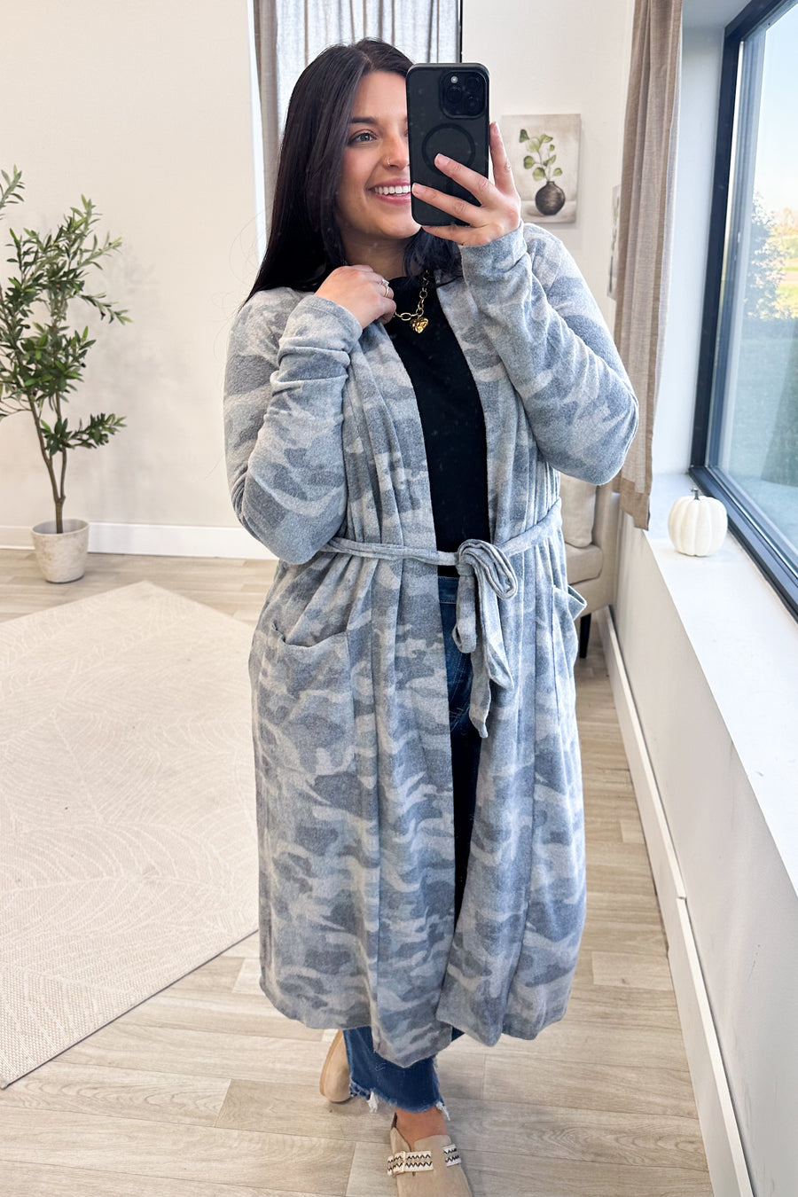 Grey Camo Print Tie Belt Cardigan