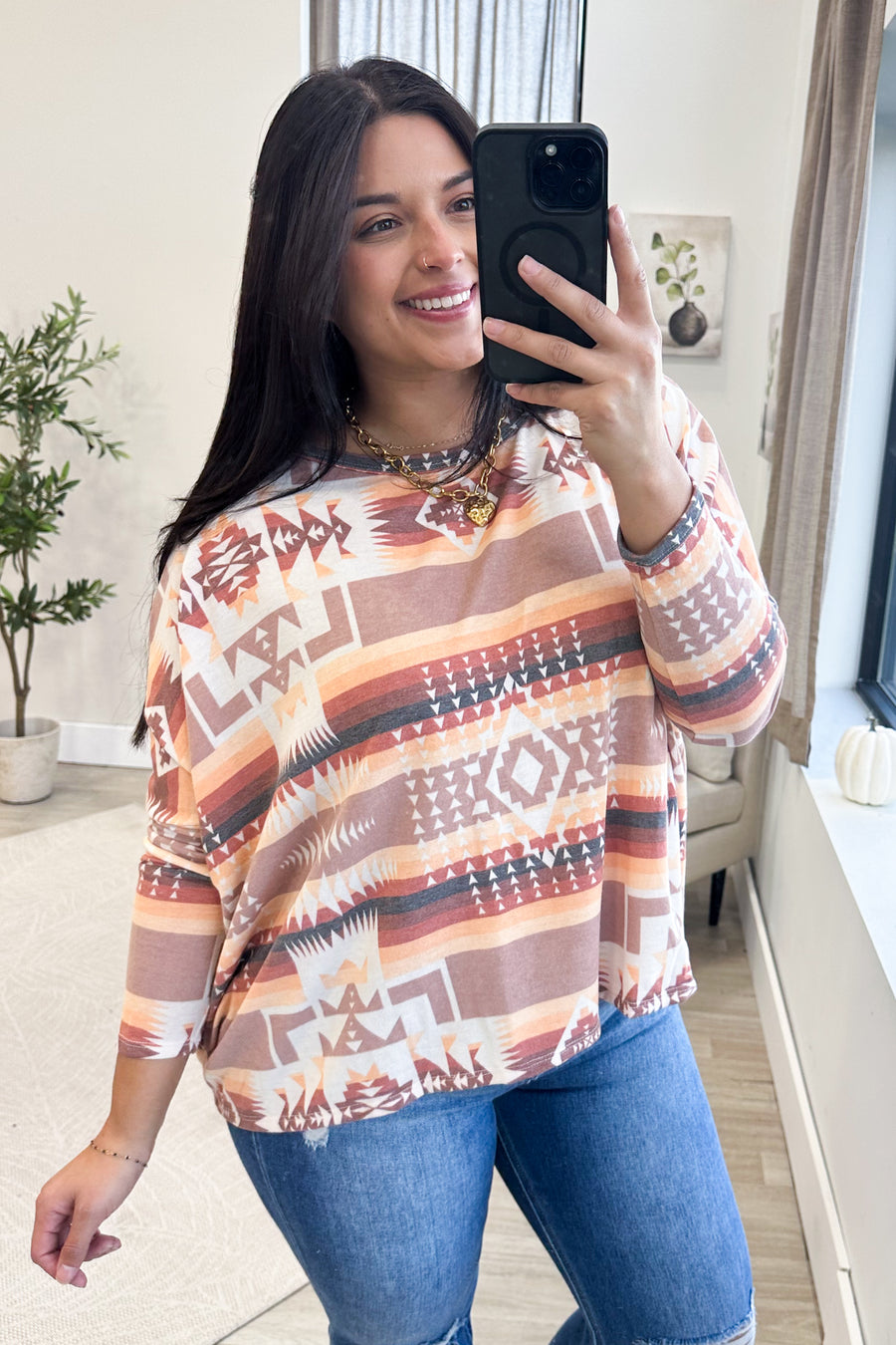 Rust Multicolor Aztec Dolman Long Sleeve Knit Top