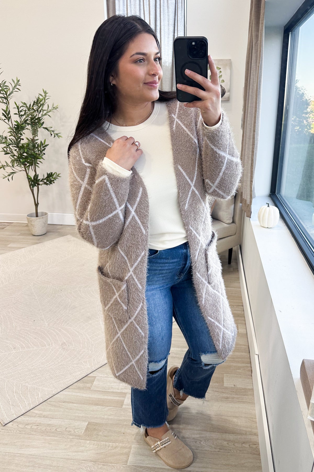 Beige Diamond Stripe Pocket Trench Cardigan