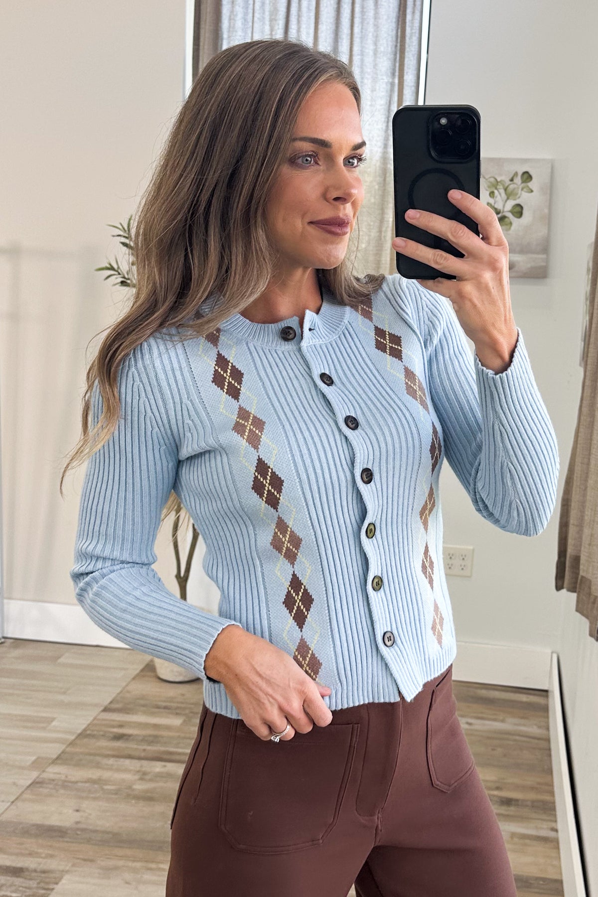 Baby Blue Argyle Pattern Ribbed Cardigan