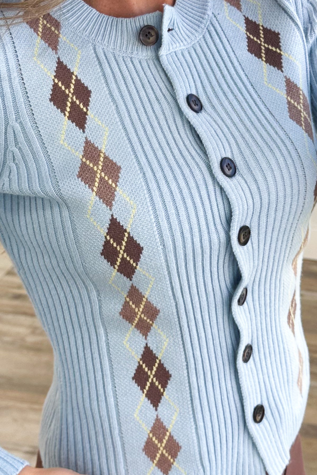 Baby Blue Argyle Pattern Ribbed Cardigan