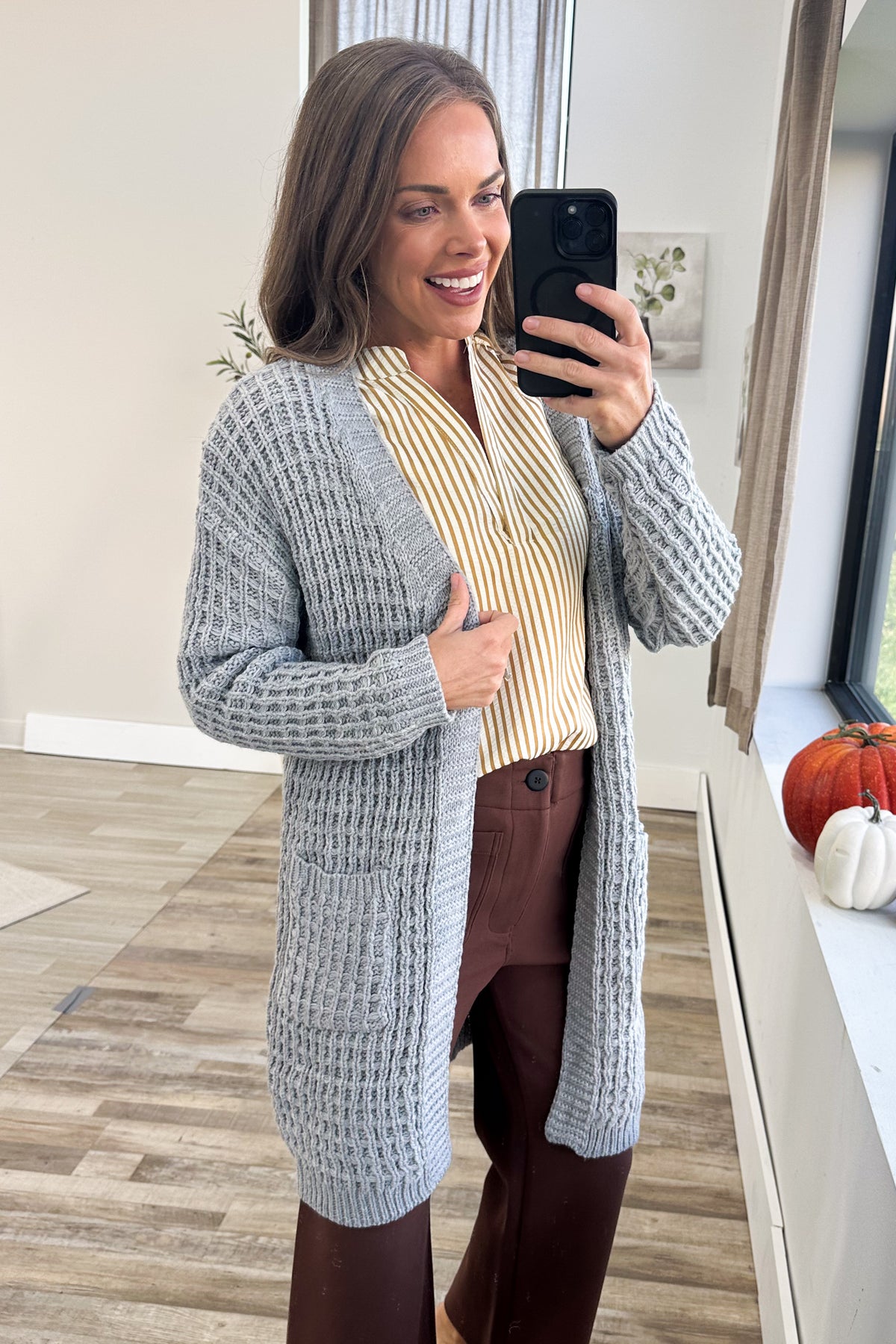 Waffle Knit Open Front Long Cardigan