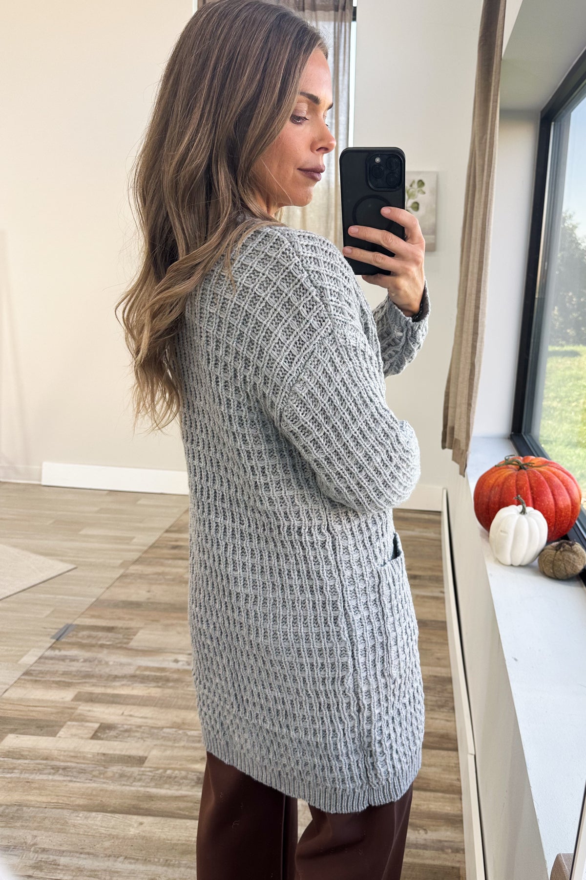 Waffle Knit Open Front Long Cardigan