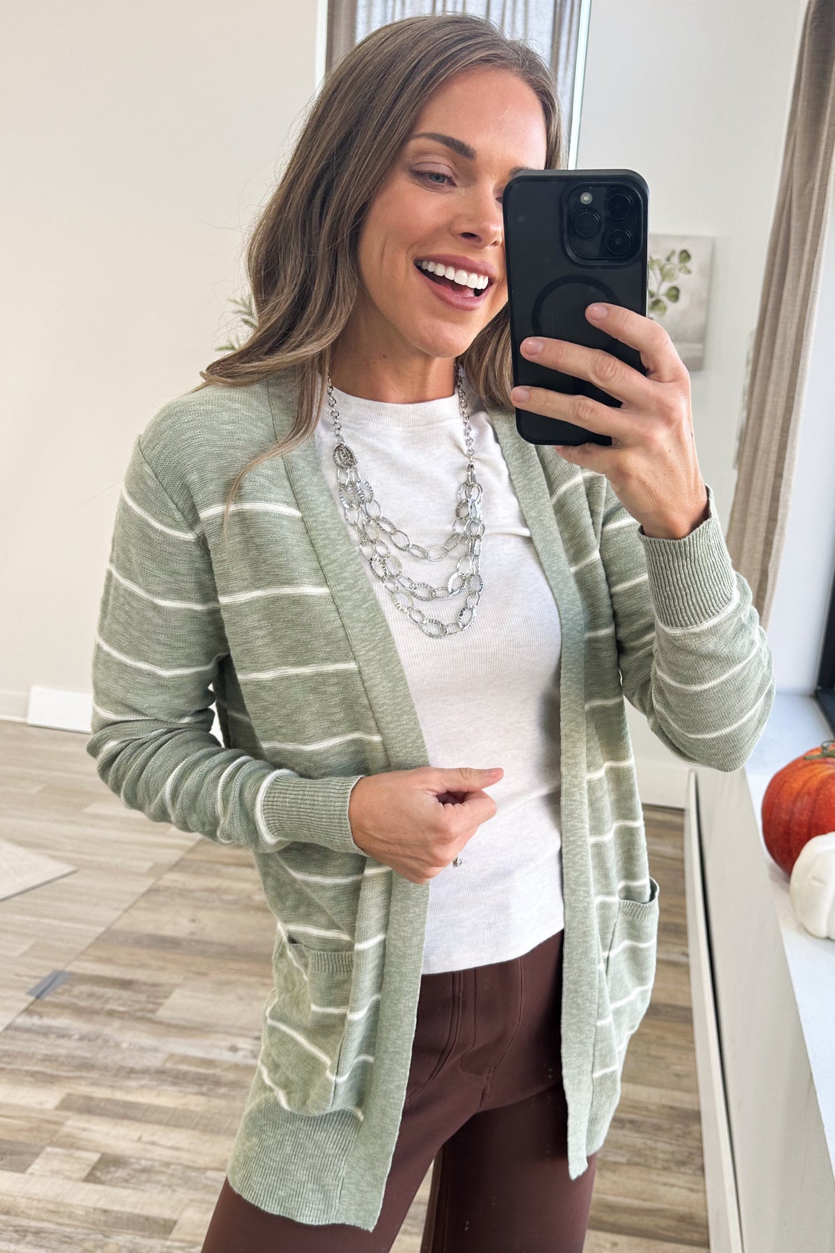 Sage Striped Classic Cotton Cardigan With Pockets