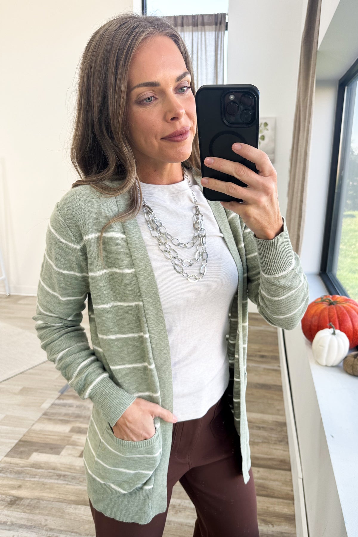 Sage Striped Classic Cotton Cardigan With Pockets
