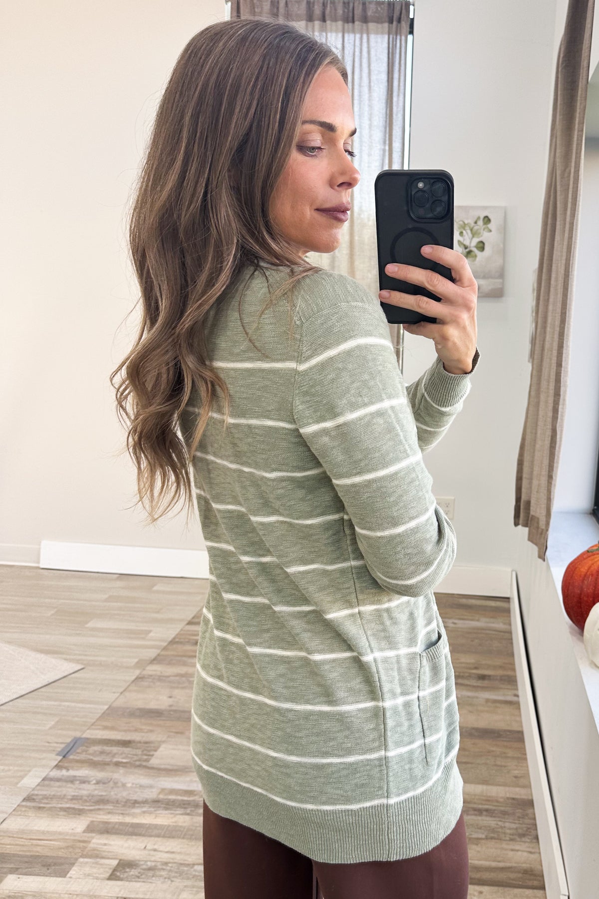 Sage Striped Classic Cotton Cardigan With Pockets