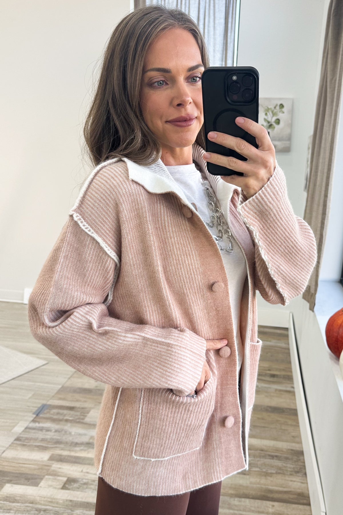 Dusty Rose Rib Pocket Button Cardigan