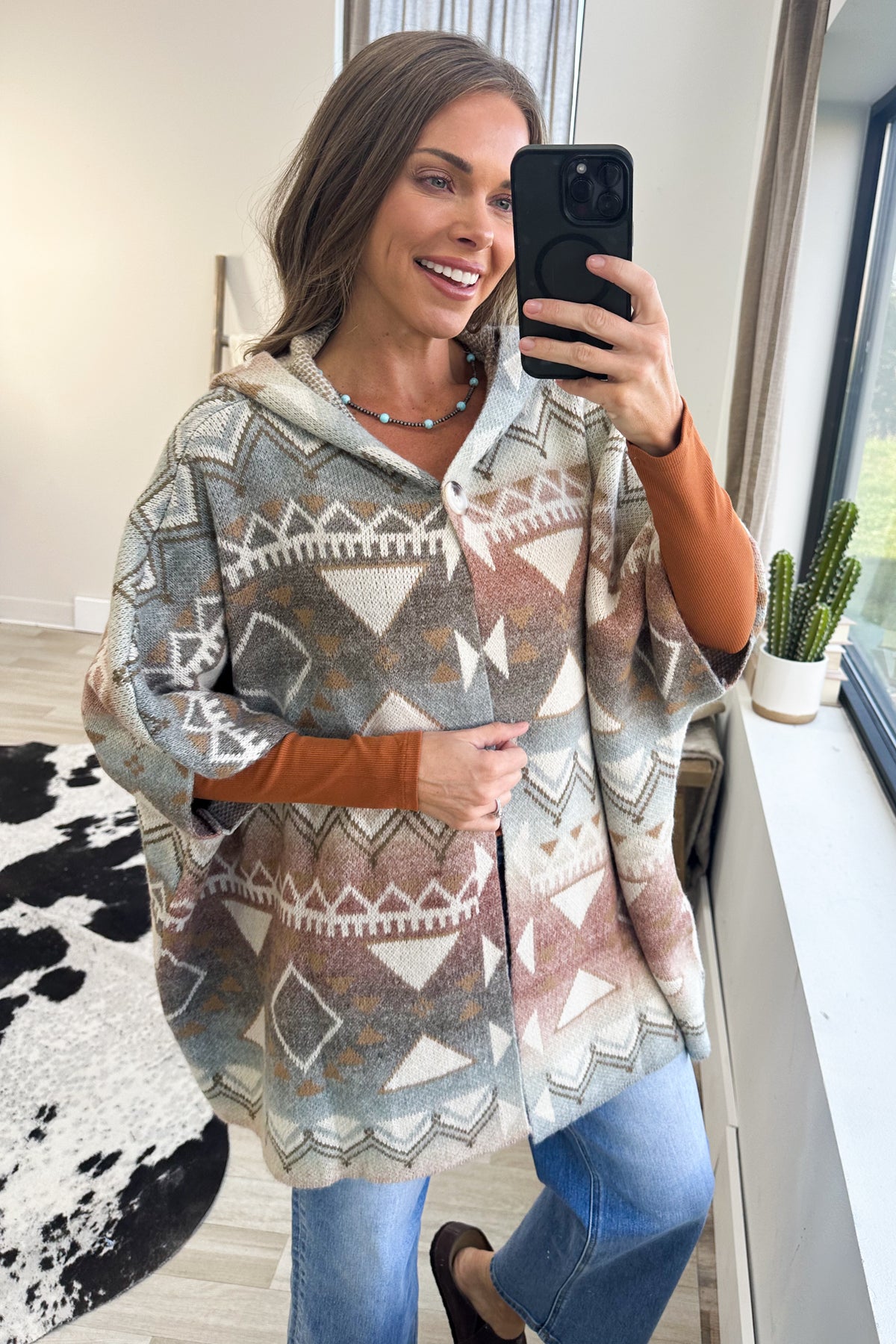 Terracotta Boho Hooded Geometric Knit Cardigan