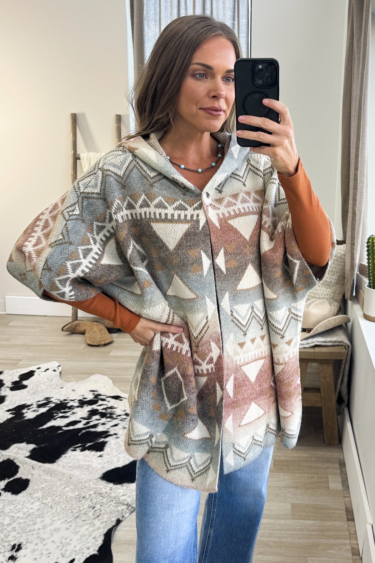Terracotta Boho Hooded Geometric Knit Cardigan