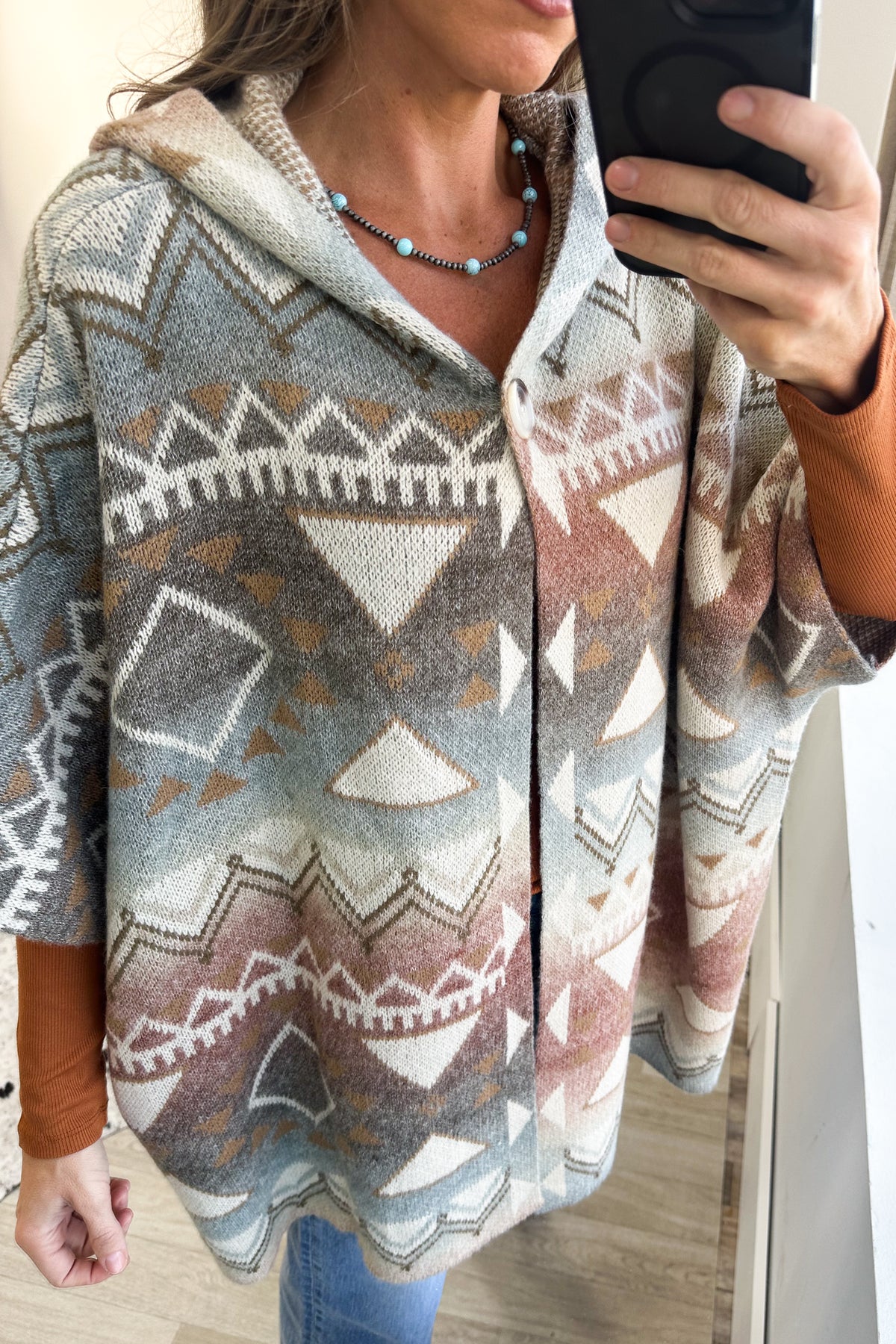 Terracotta Boho Hooded Geometric Knit Cardigan