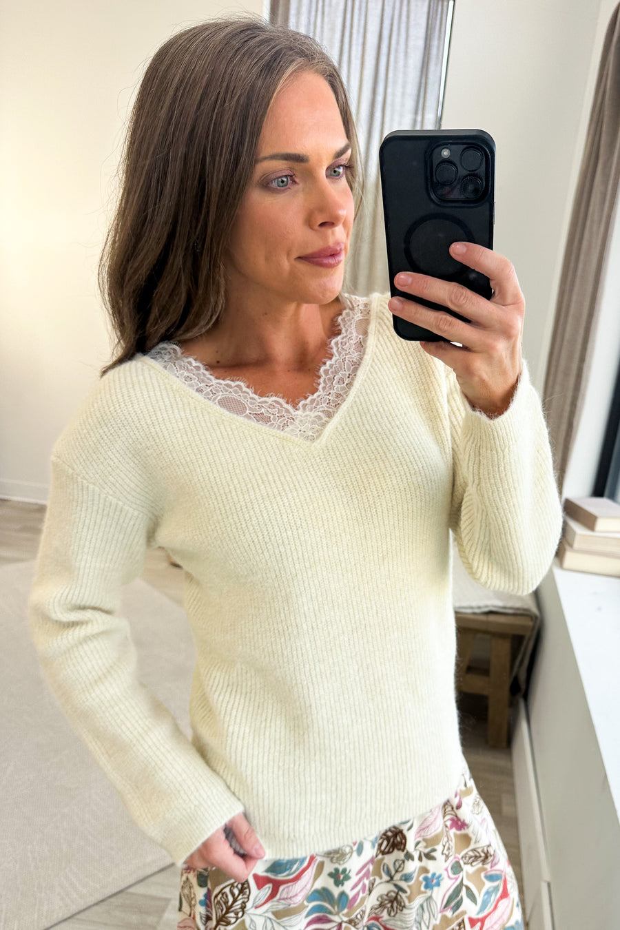 Cream Sweater With Lace V-Neck