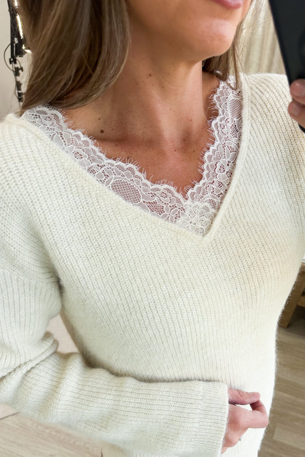Cream Sweater With Lace V-Neck