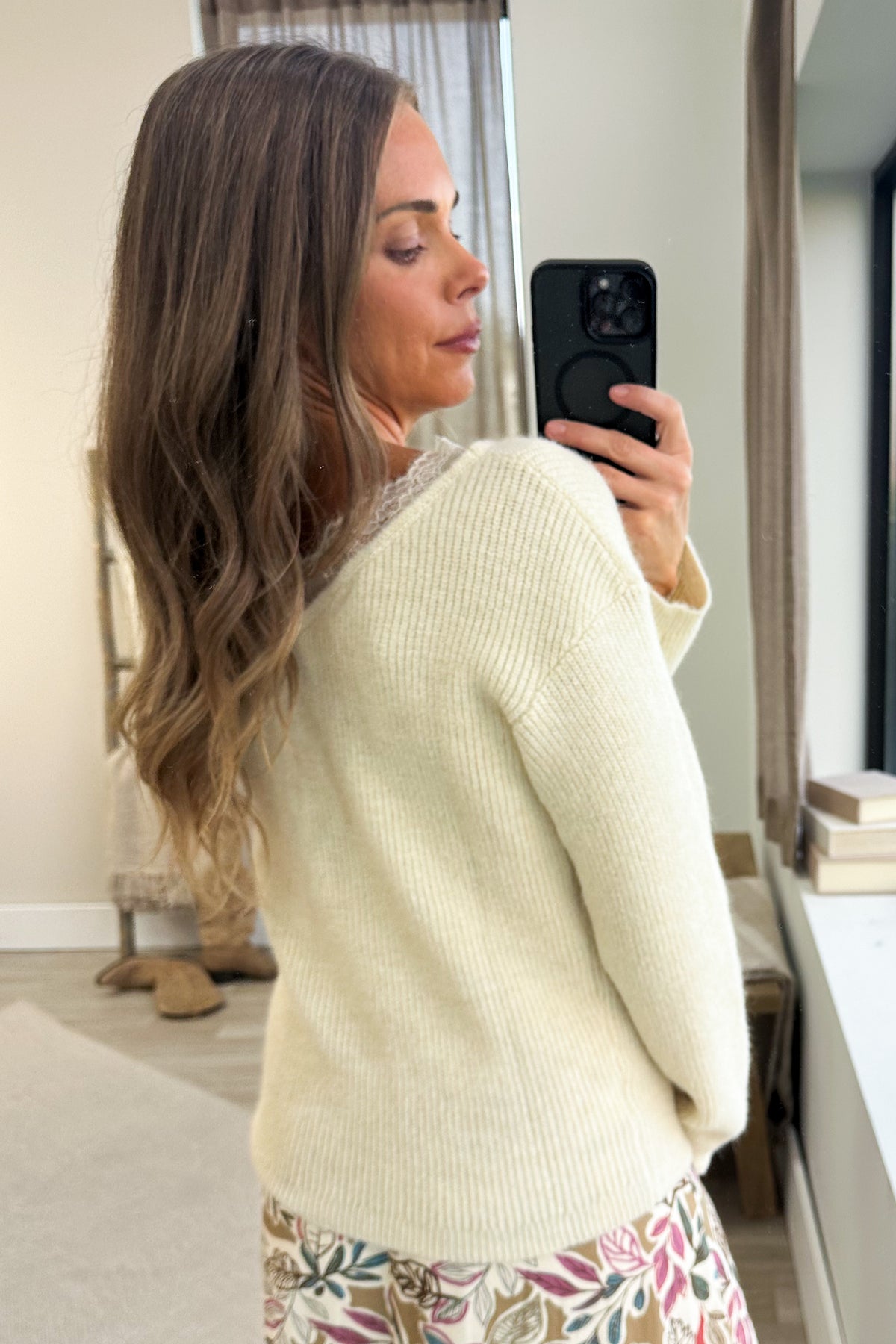 Cream Sweater With Lace V-Neck