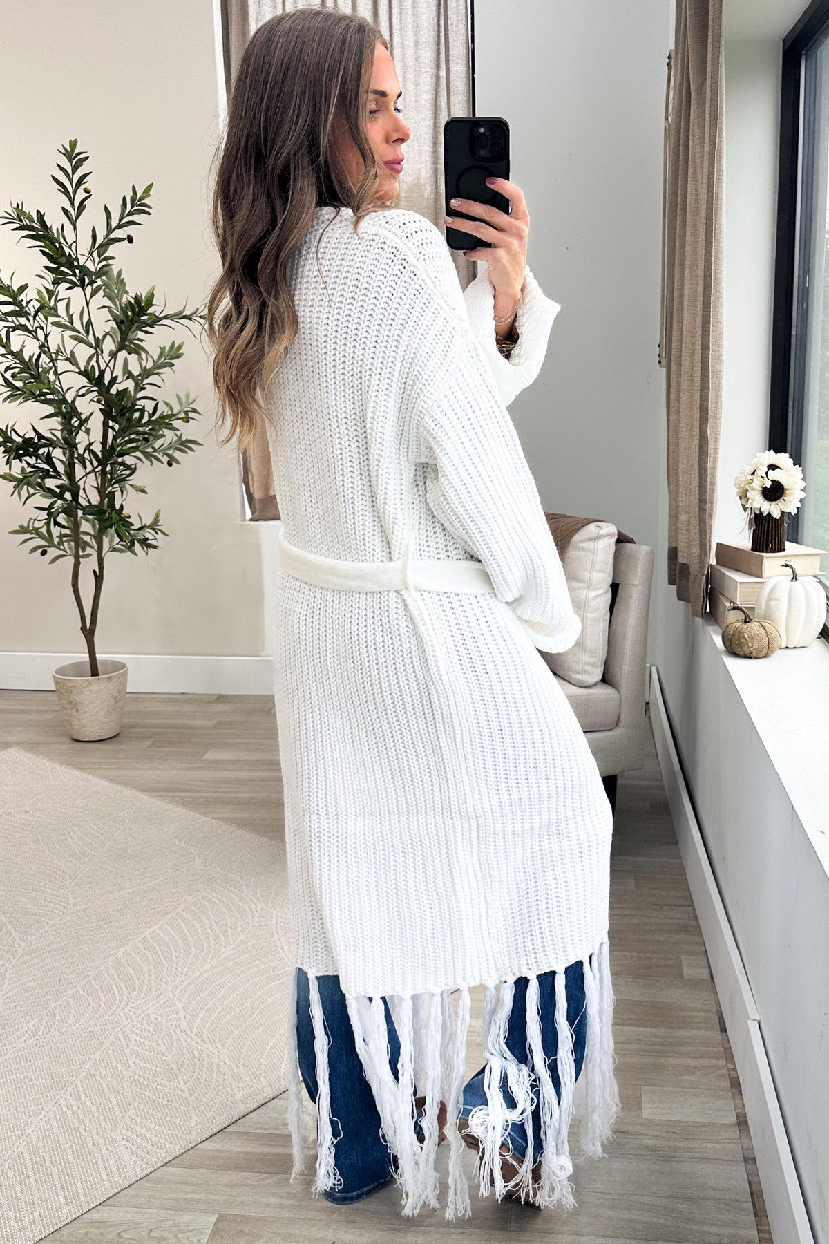 Ivory Open Front Fringe Cardigan