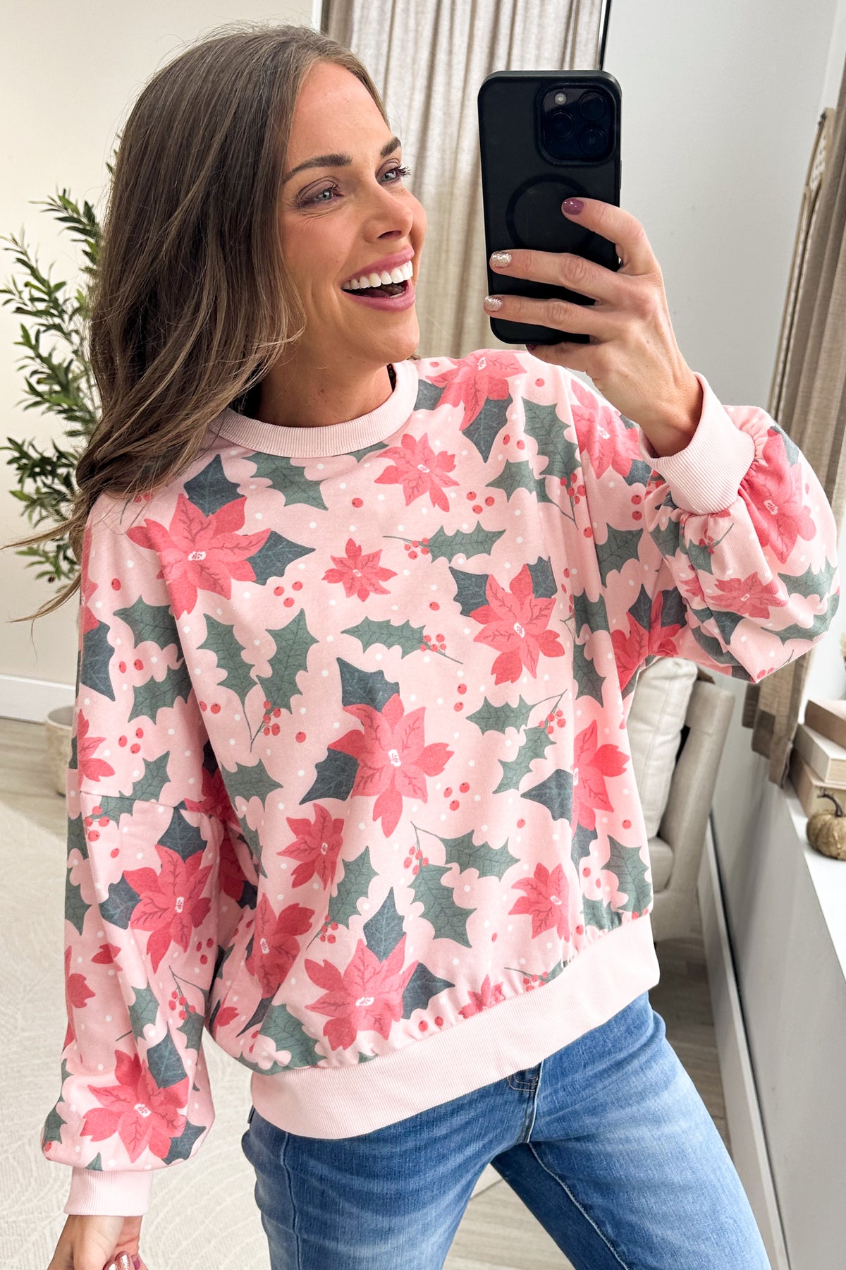 Baby Pink Christmas Poinsetta Floral Print Knit Top