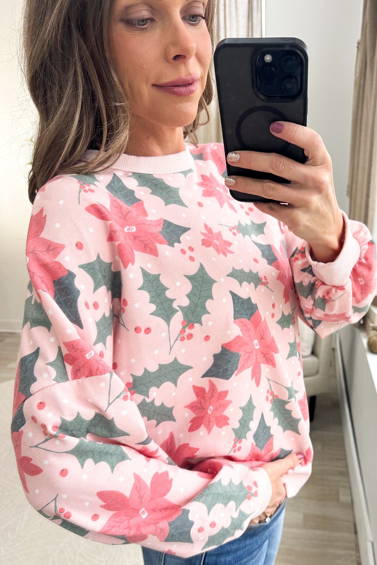 Baby Pink Christmas Poinsetta Floral Print Knit Top