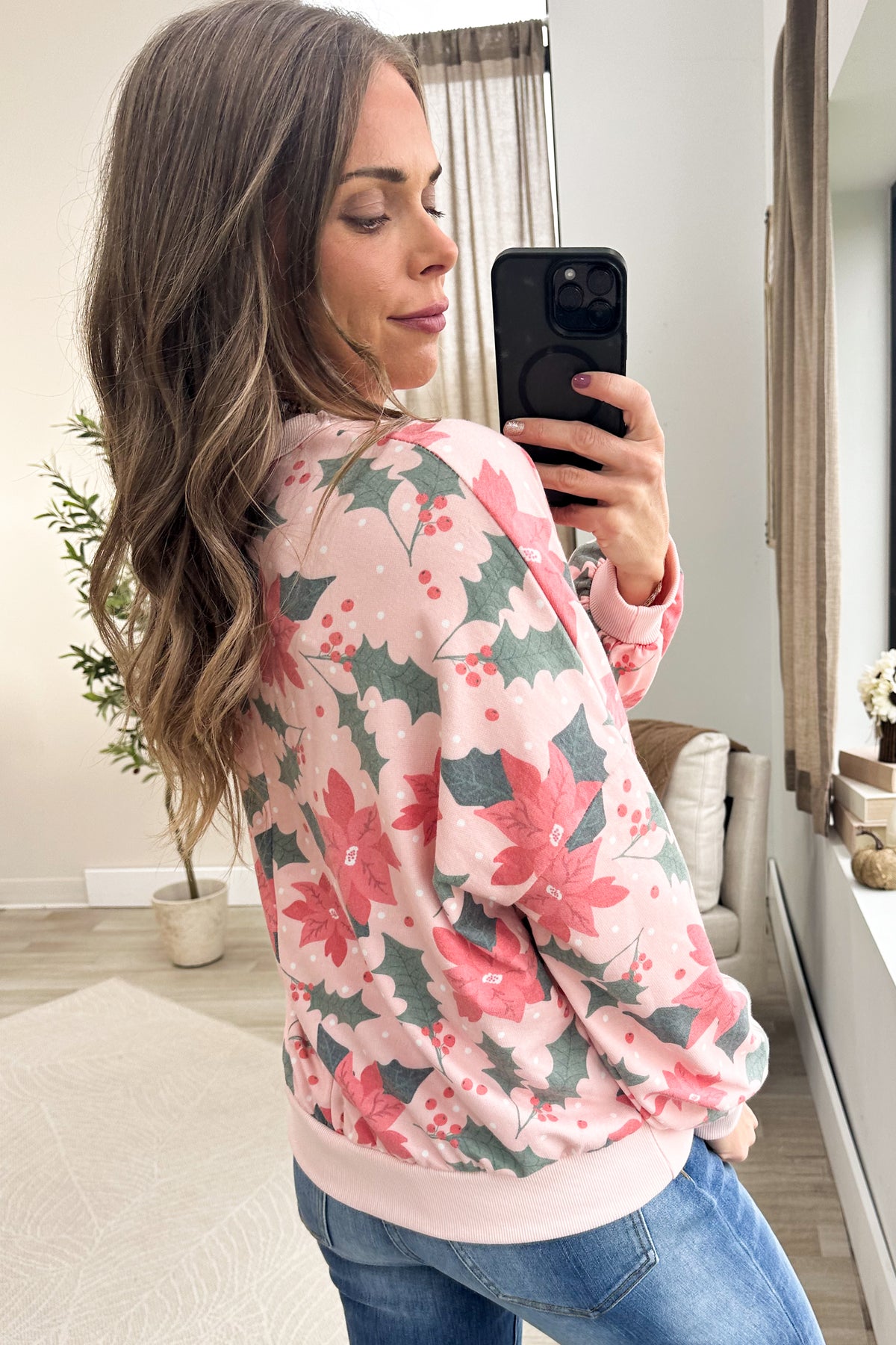 Baby Pink Christmas Poinsetta Floral Print Knit Top